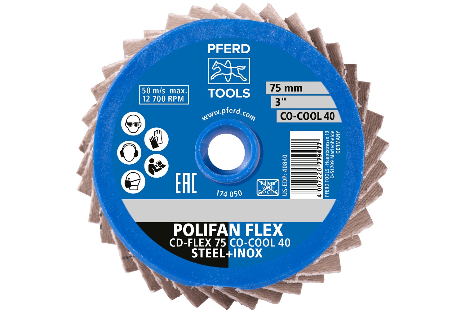 Mini-POLIFAN COMBIDISC, grano cerámico flexible CDR Ø 75 mm CO-COOL40 para el amolado frío en acero inoxidable