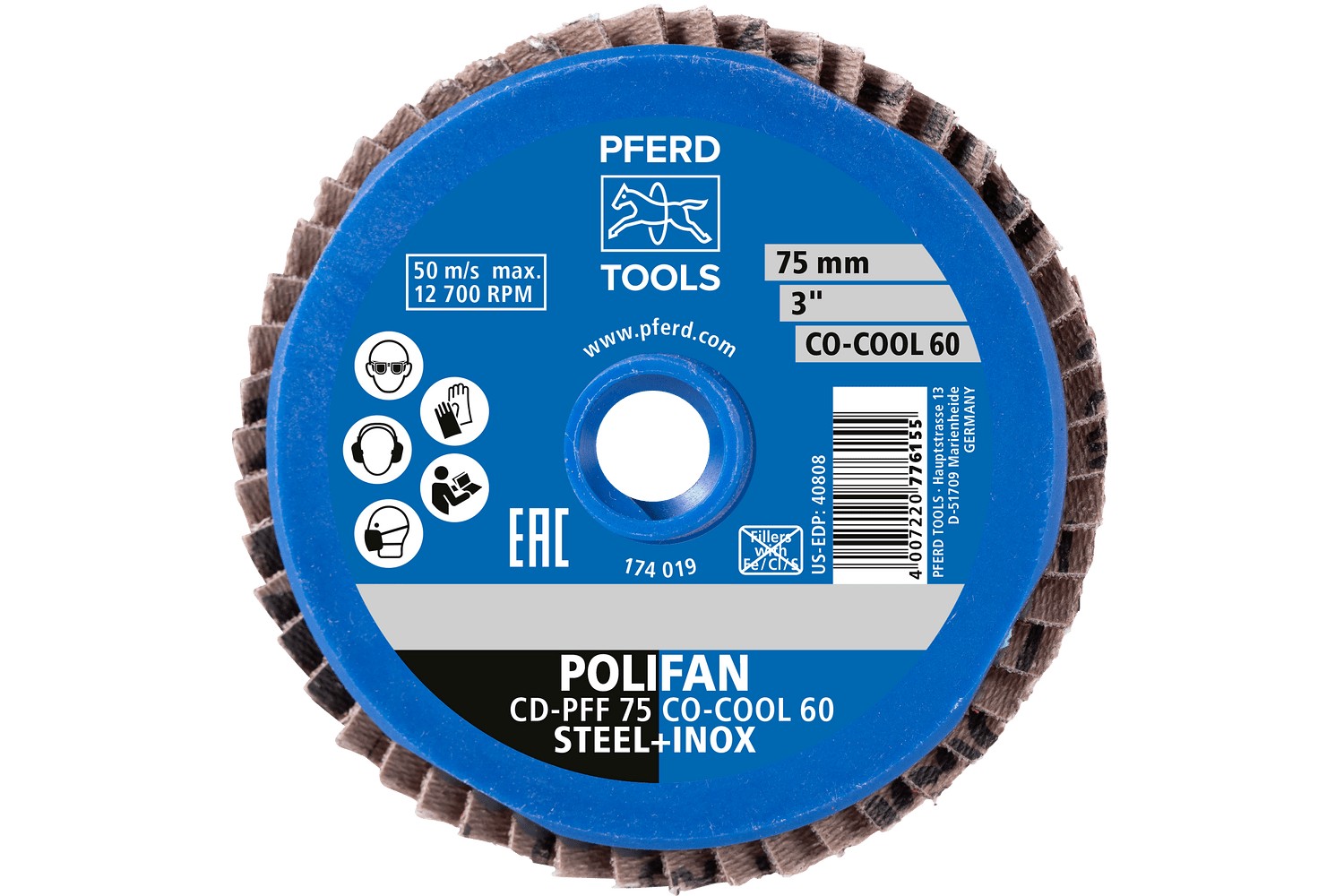 Mini-POLIFAN COMBIDISC, grano cerámico CDR Ø 75 mm CO-COOL40 para el amolado frío en acero inoxidable