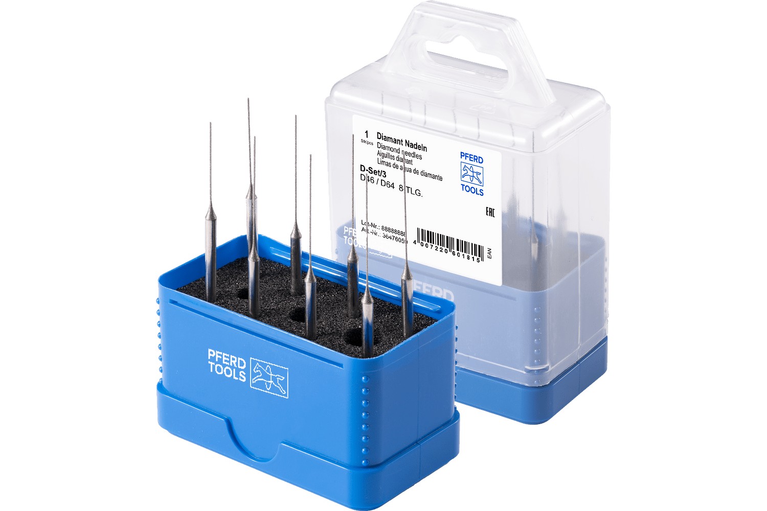 Juego de agujas diamantadas de 8 piezas, Ø 0,42-0,72 mm, mango con Ø de 3 mm D46/64 (fino)