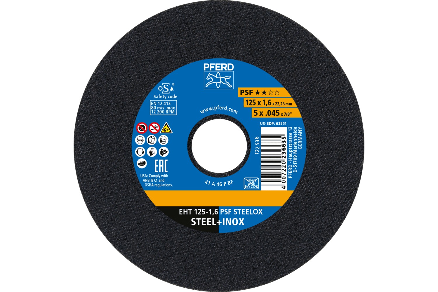 Disco de corte EHT 125x1,6x22,23 mm recto línea universal PSF STEELOX para acero/acero inoxidable