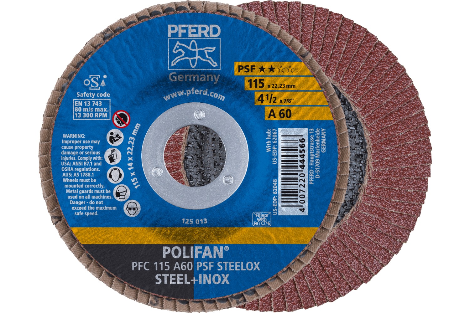 Disco de láminas lijadoras POLIFAN PFC 115x22,23 mm cónico A60 línea universal PSF STEELOX acero/acero inoxidable