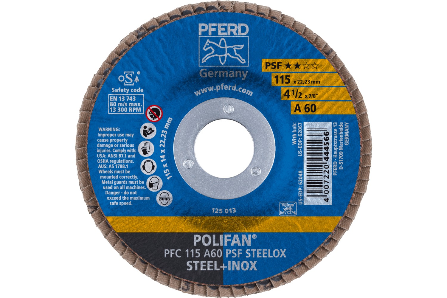 Disco de láminas lijadoras POLIFAN PFC 115x22,23 mm cónico A60 línea universal PSF STEELOX acero/acero inoxidable