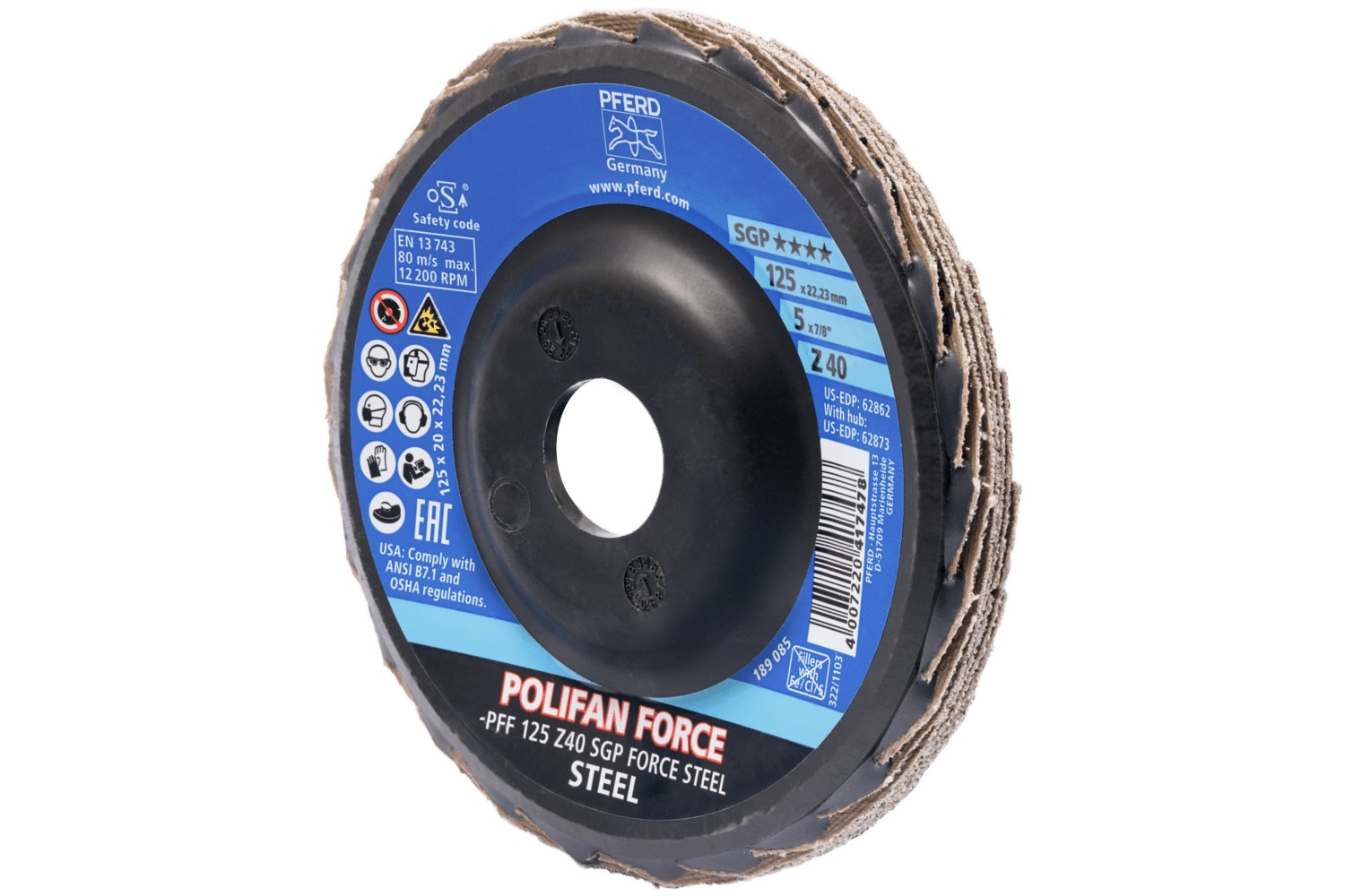 Disco de láminas lijadoras POLIFAN FORCE PFF 125x22,23 mm plano Z40 línea especial SGP STEEL para acero