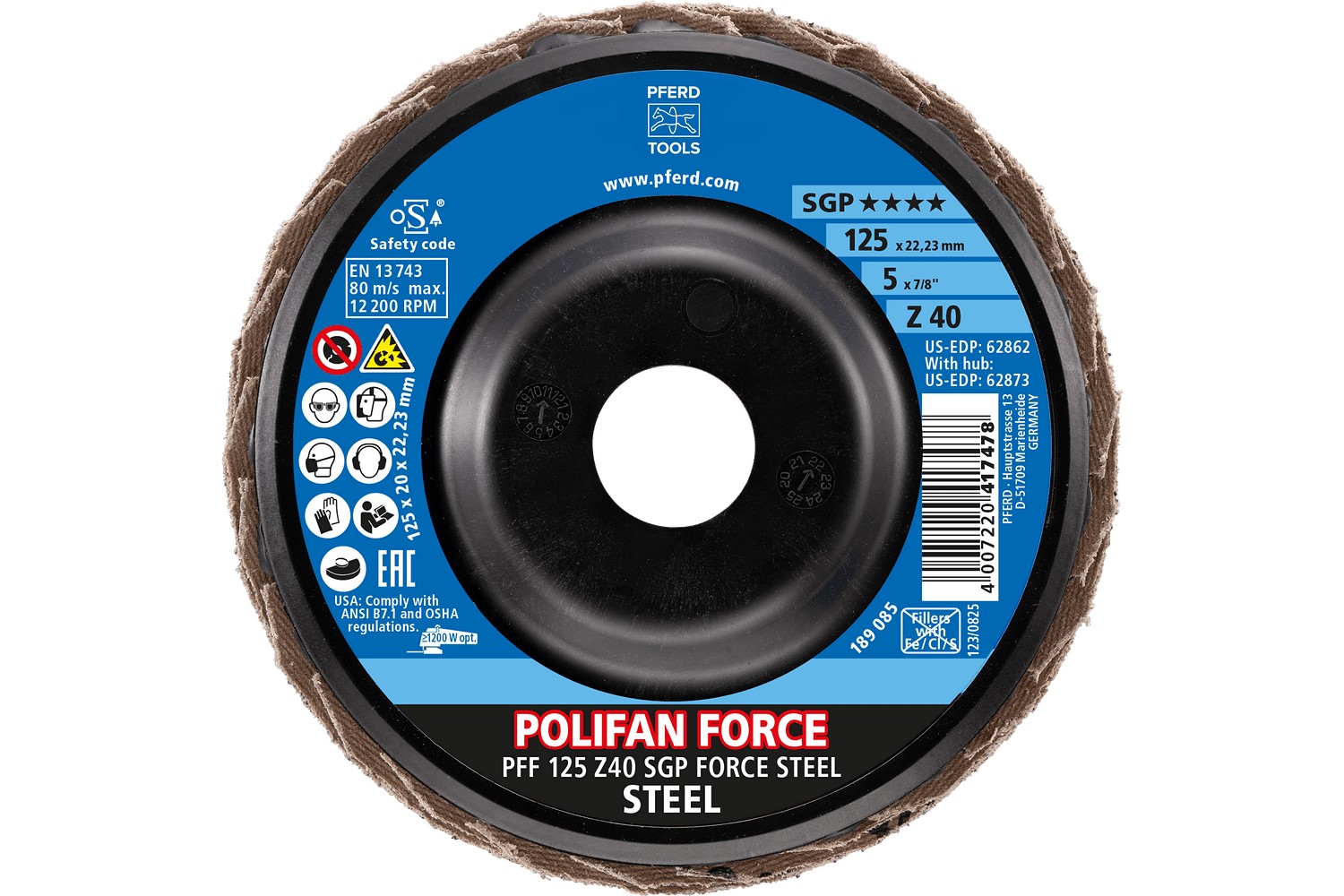 Disco de láminas lijadoras POLIFAN FORCE PFF 125x22,23 mm plano Z40 línea especial SGP STEEL para acero