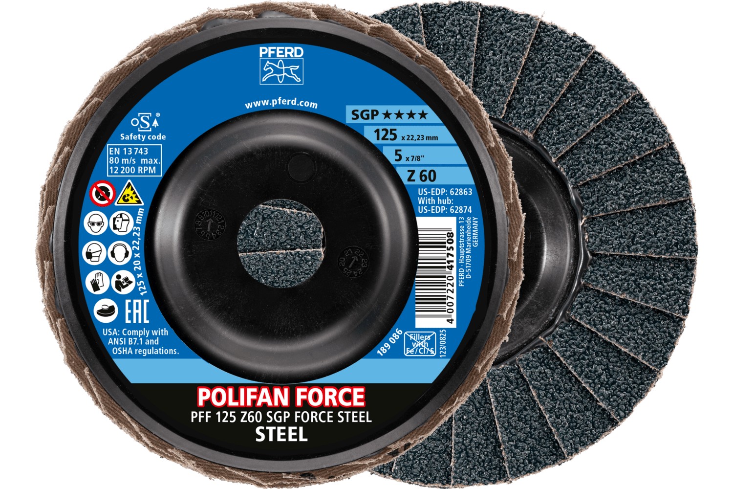 Disco de láminas lijadoras POLIFAN FORCE PFF 125x22,23 mm plano Z60 línea especial SGP STEEL para acero