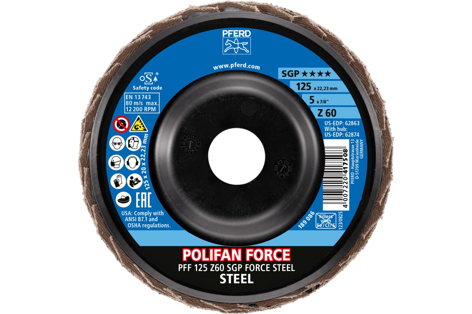 Disco de láminas lijadoras POLIFAN FORCE PFF 125x22,23 mm plano Z60 línea especial SGP STEEL para acero