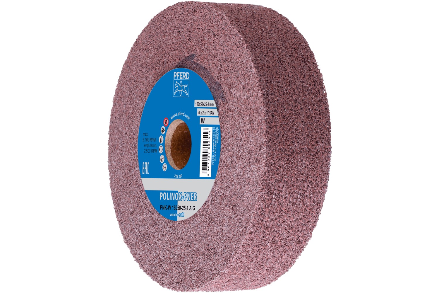 Disco de vellón enrollado POLINOX PNK Ø 150x50 mm, agujero Ø 25,4 mm, blando A basto para acabado 