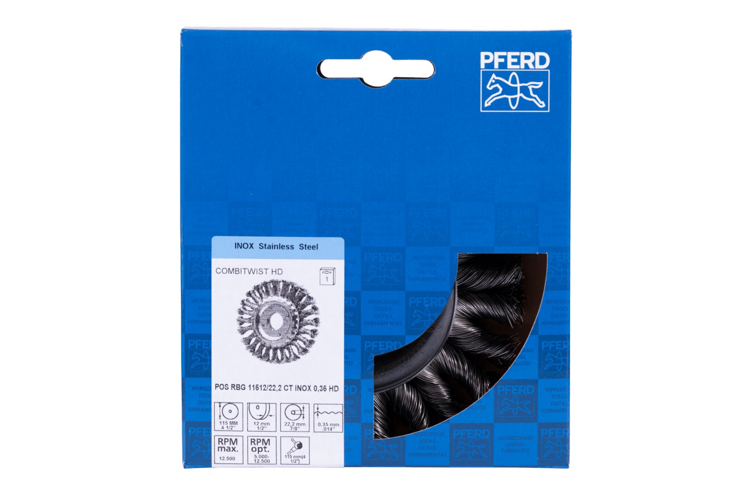 Carda redonda POS COMBITWIST trenzada RBG HD Ø 115x12x22,2 mm, alambre de acero inoxidable Ø 0,35 mm, amoladora angular