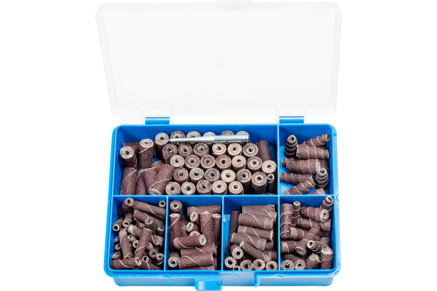 Juego POLIROLL: contenido 150 uds. De rollos lijadores cilíndricos y cónicos con perno