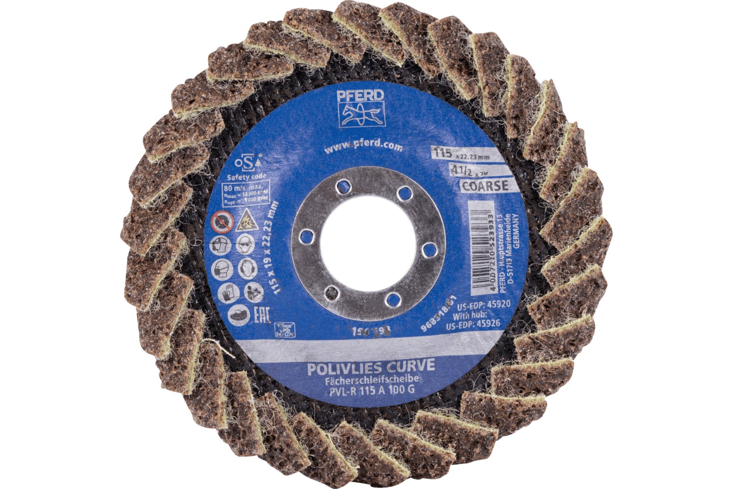 Disco de láminas lijadoras POLIVLIES CURVE PVL-R de corindón, Ø 115 mm, agujero 22,23 mm, A100G para lijado fino de cordones en ángulo