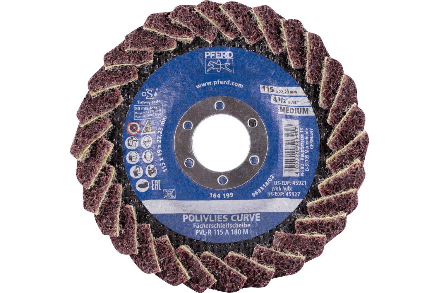 Disco de láminas lijadoras POLIVLIES CURVE PVL-R de corindón, Ø 115 mm, agujero 22,23 mm, A180M para lijado fino de cordones en ángulo