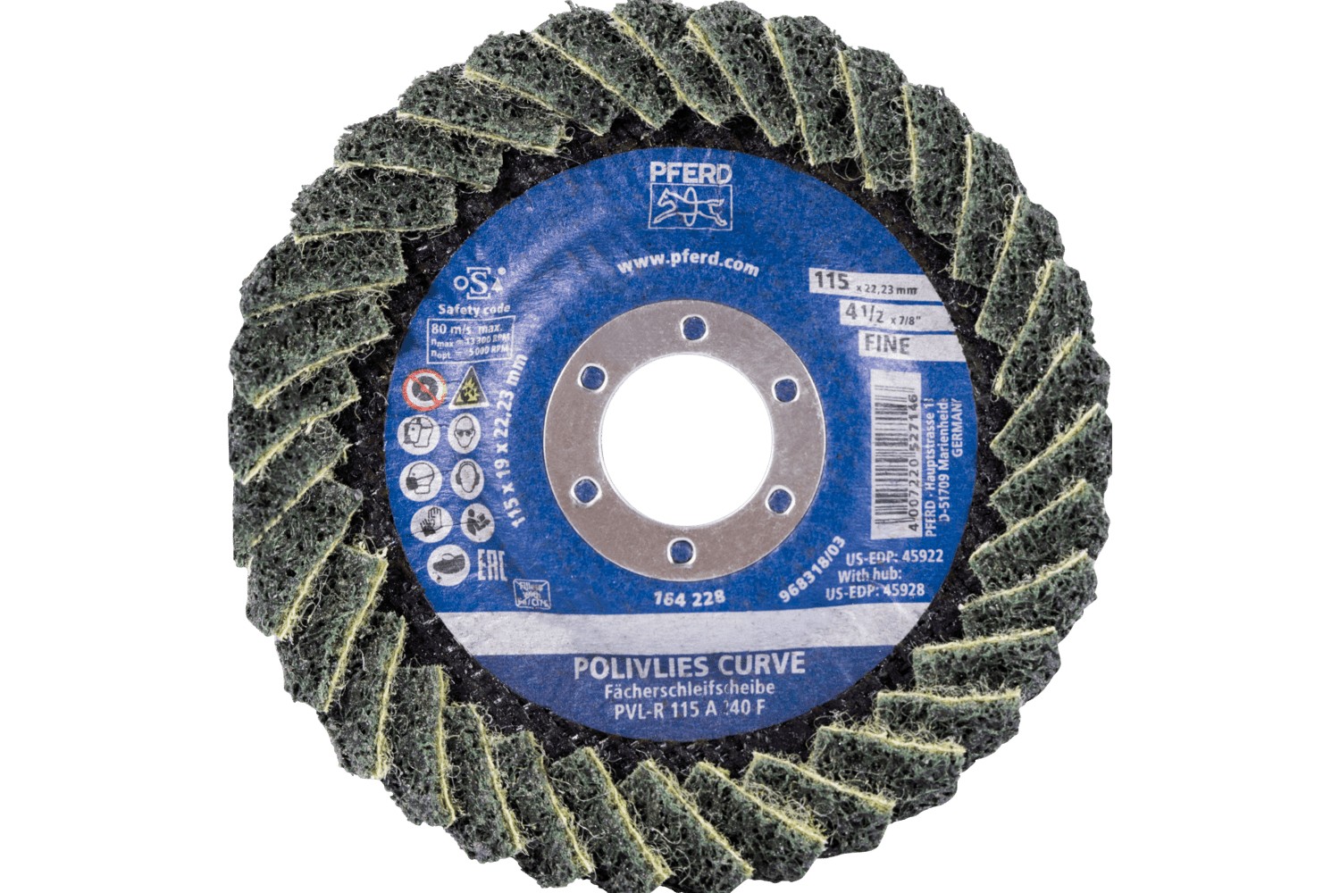 Disco de láminas lijadoras POLIVLIES CURVE PVL-R de corindón, Ø 115 mm, agujero 22,23 mm, A240M para lijado fino de cordones en ángulo