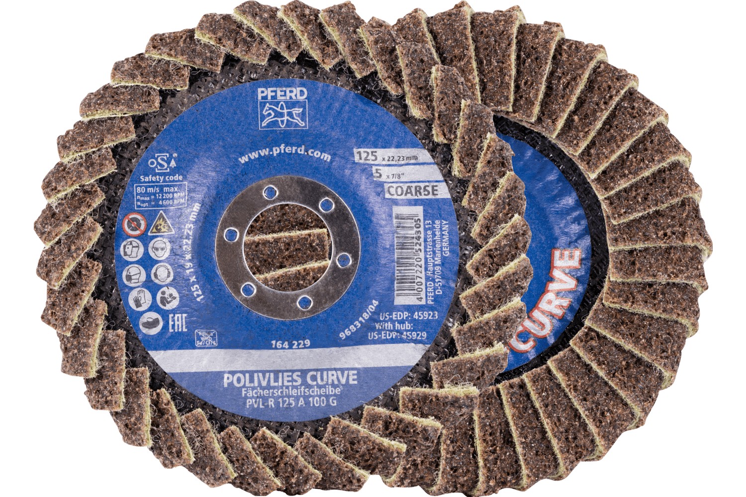 Disco de láminas lijadoras POLIVLIES CURVE PVL-R de corindón, Ø 125 mm, agujero 22,23 mm, A100G para lijado fino de cordones en ángulo