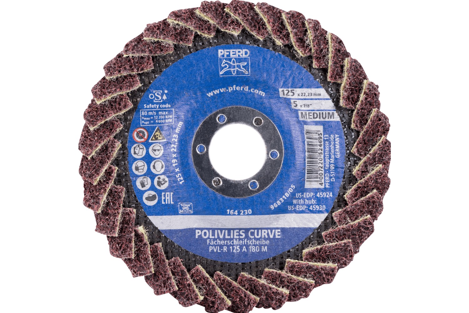 Disco de láminas lijadoras POLIVLIES CURVE PVL-R de corindón, Ø 125 mm, agujero 22,23 mm, A180M para lijado fino de cordones en ángulo