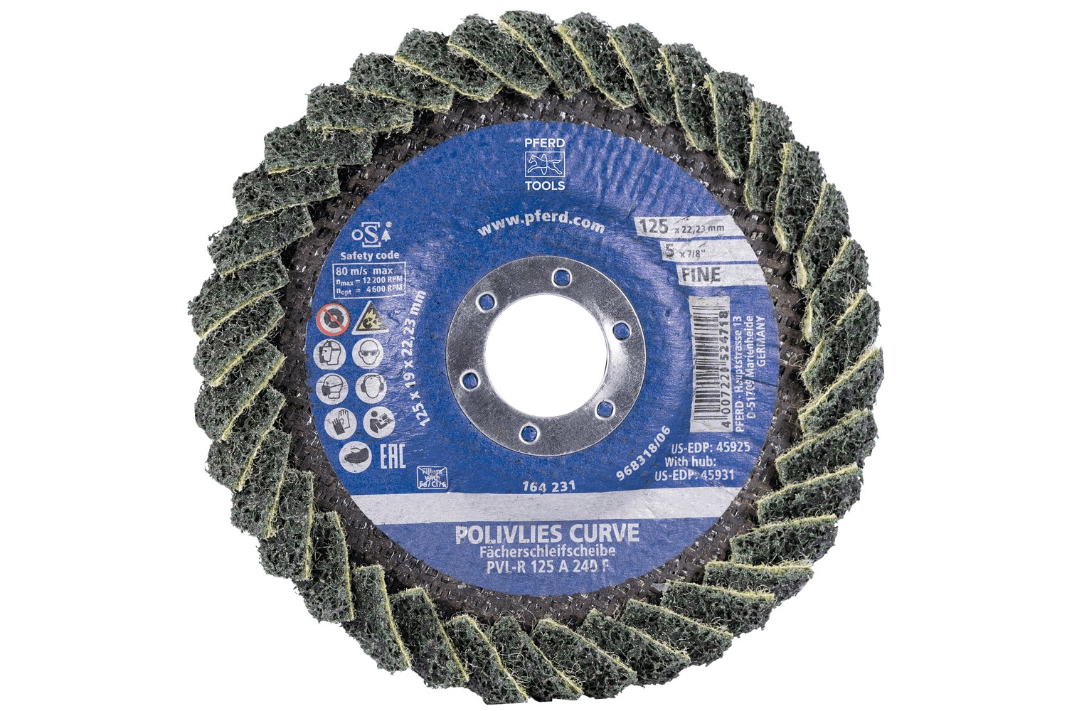 Disco de láminas lijadoras POLIVLIES CURVE PVL-R de corindón, Ø 125 mm, agujero 22,23 mm, A240M para lijado fino de cordones en ángulo