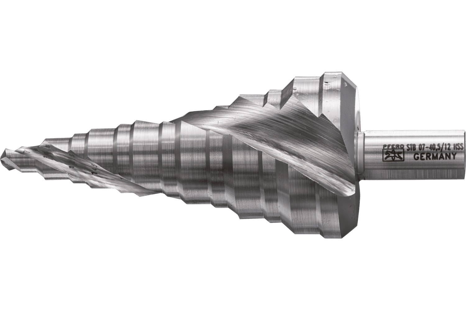 Broca escalonada HSS 13, Ø 7-40,5 mm, vástago triang. Ø 12 mm, adaptada a diámetros convencionales de racores roscados para cables