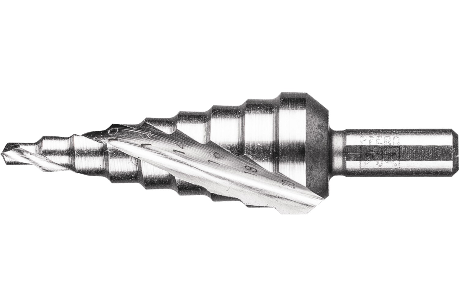 Broca escalonada HSSE Co5, 9 etapas de perforación Ø 4-20 mm, vástago triangular Ø 8 mm