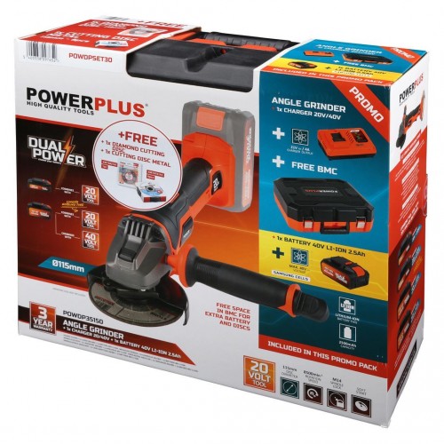 POWDPSET30 Amoladora angular 20V Ø 115mm - incl. batería 2x20V 5.0/2.5Ah y cargador - 2 acc.