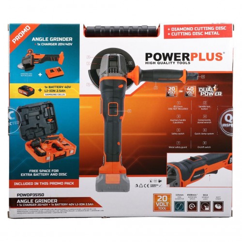 POWDPSET30 Amoladora angular 20V Ø 115mm - incl. batería 2x20V 5.0/2.5Ah y cargador - 2 acc.