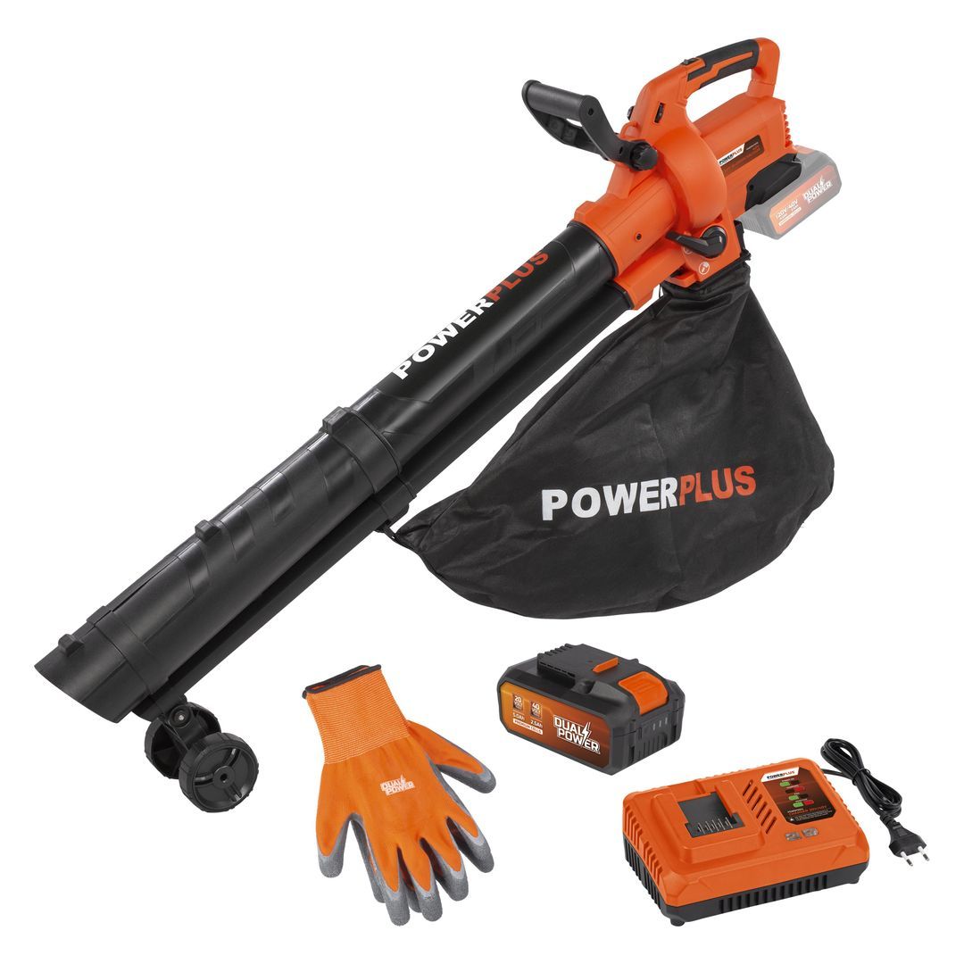 POWDPGSET35 Aspirador/soplador de hojas sin cepillos 40V - incl. batería 2x20V 2.5Ah y cargador - guantes