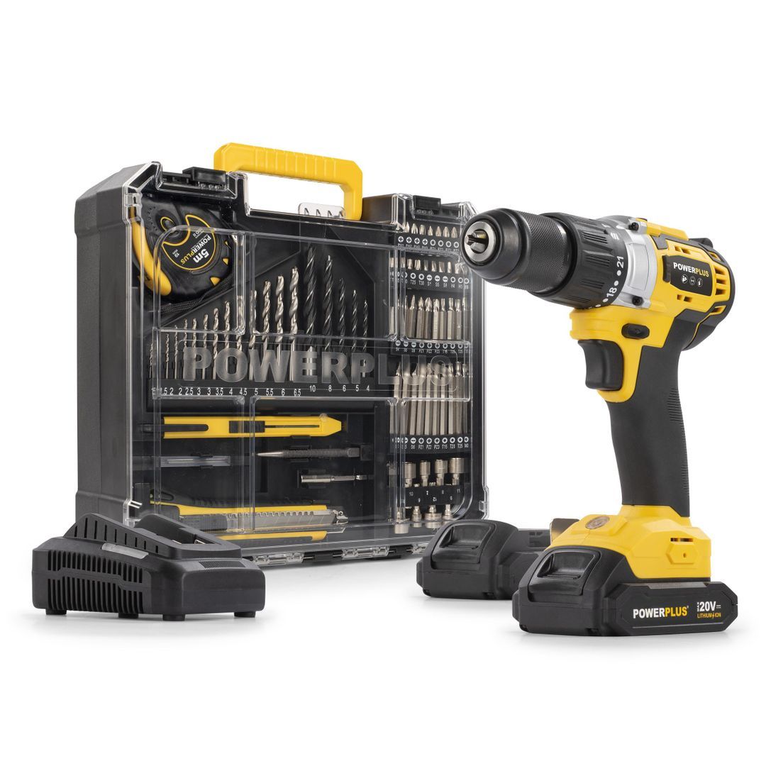 POWX00850 Destornillador - taladradora de impacto sin cepillos 20V 60Nm - incl. 2 baterías 20V 2.0Ah y cargador - 78 acc.