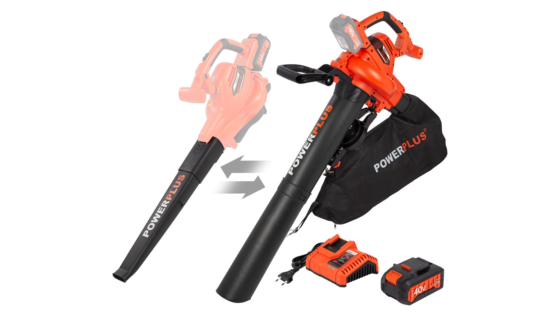 POWDPGSET35 Aspirador/soplador de hojas sin cepillos 40V - incl. batería 2x20V 2.5Ah y cargador - guantes