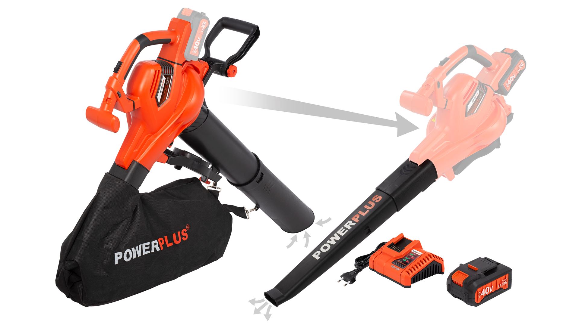 POWDPGSET35 Aspirador/soplador de hojas sin cepillos 40V - incl. batería 2x20V 2.5Ah y cargador - guantes