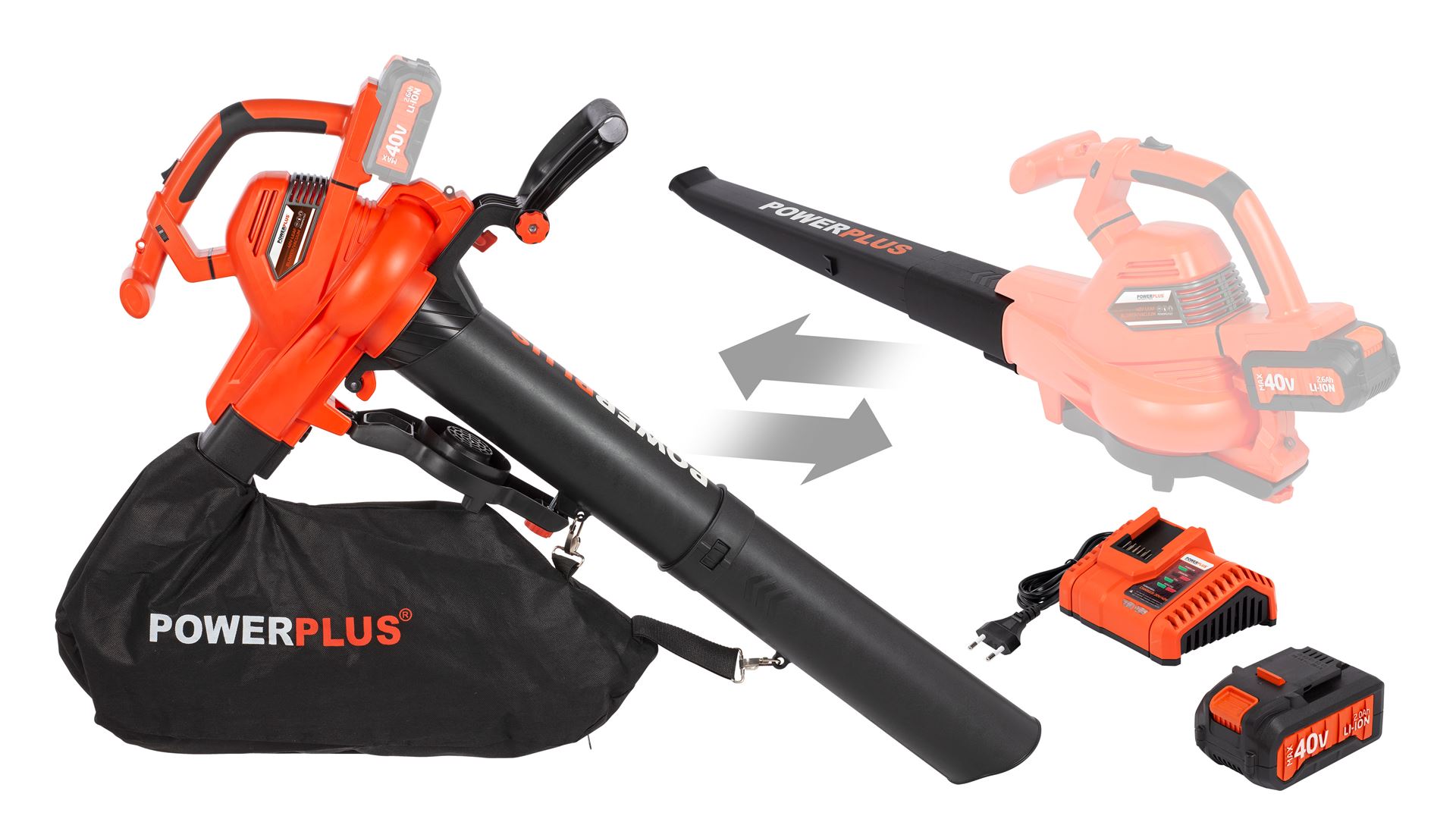 POWDPGSET35 Aspirador/soplador de hojas sin cepillos 40V - incl. batería 2x20V 2.5Ah y cargador - guantes