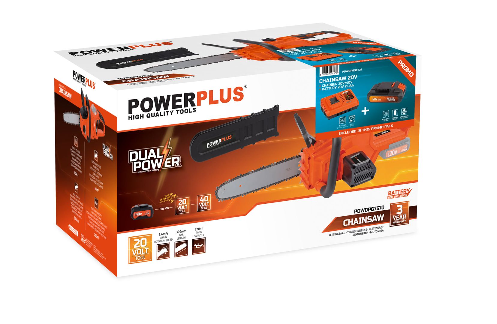 POWDPGSET37 Motosierra 20V 300mm - incl. batería 20V 2.0Ah y cargador - 1 acc.