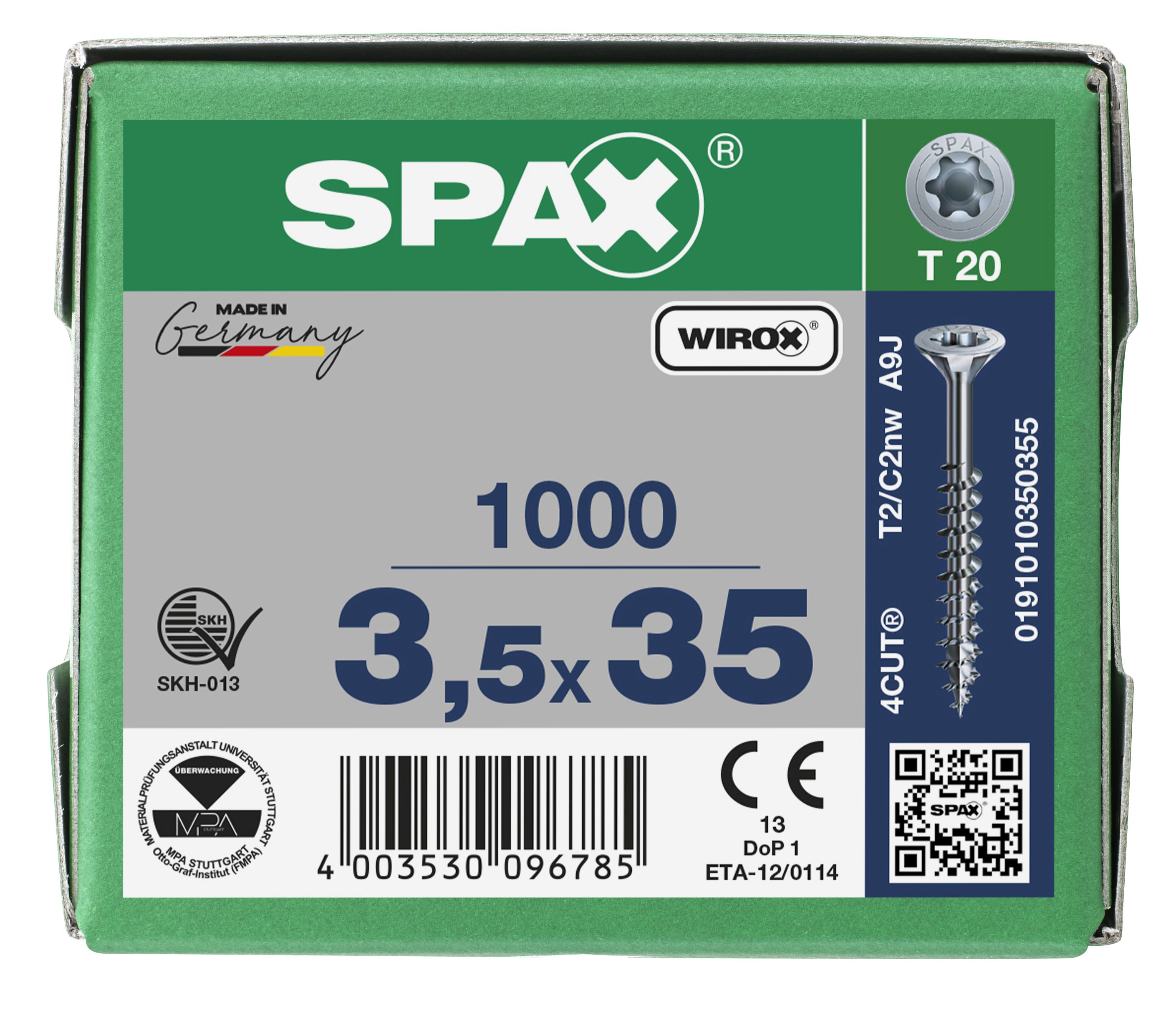 CABEZA MÚLTIPLE PLANA SPAX T-STAR PLUS T20 ROSCA PARCIAL WIROX 1000 UD.