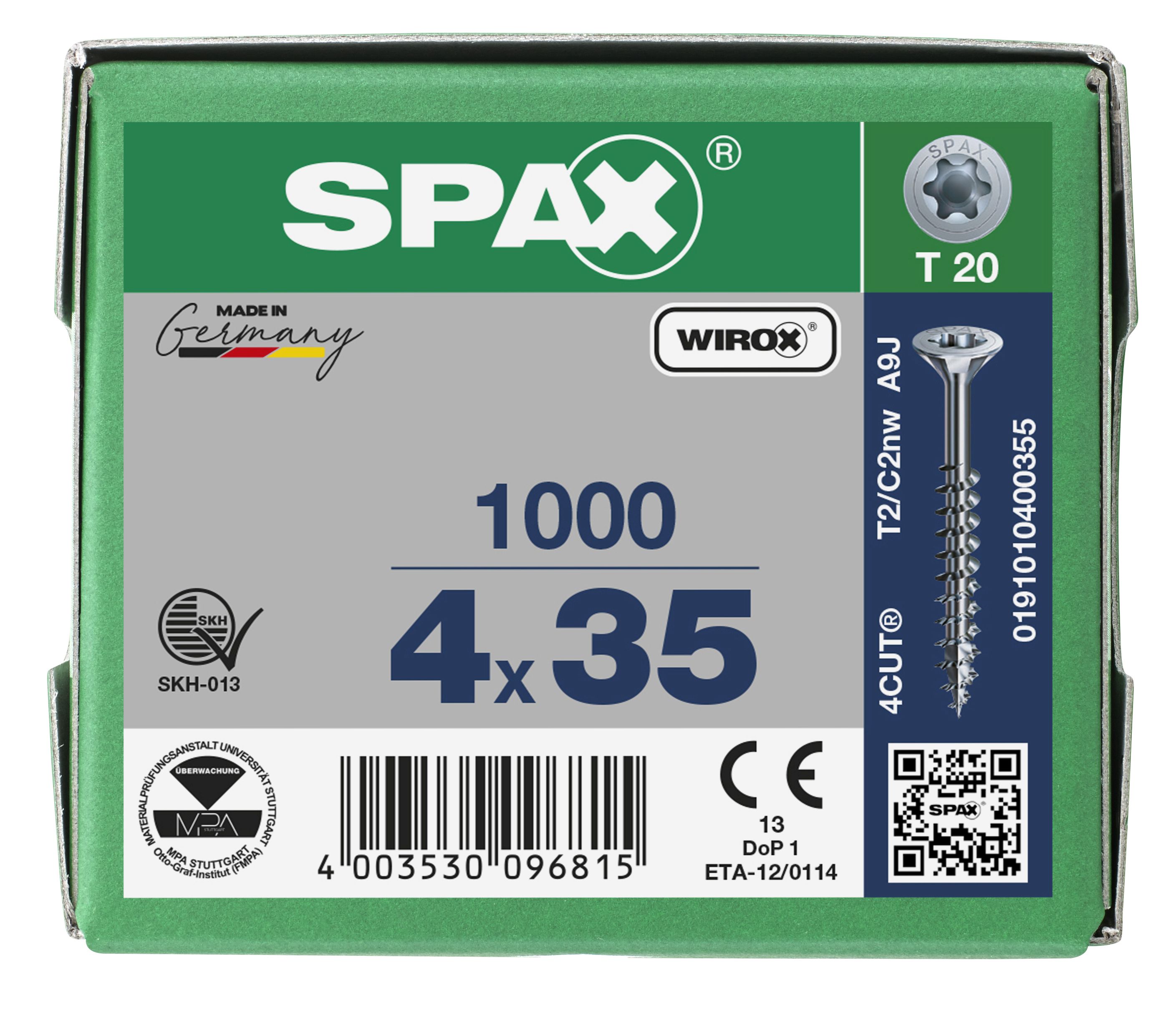 CABEZA MÚLTIPLE PLANA SPAX T-STAR PLUS T20 ROSCA PARCIAL WIROX 1000 UD.