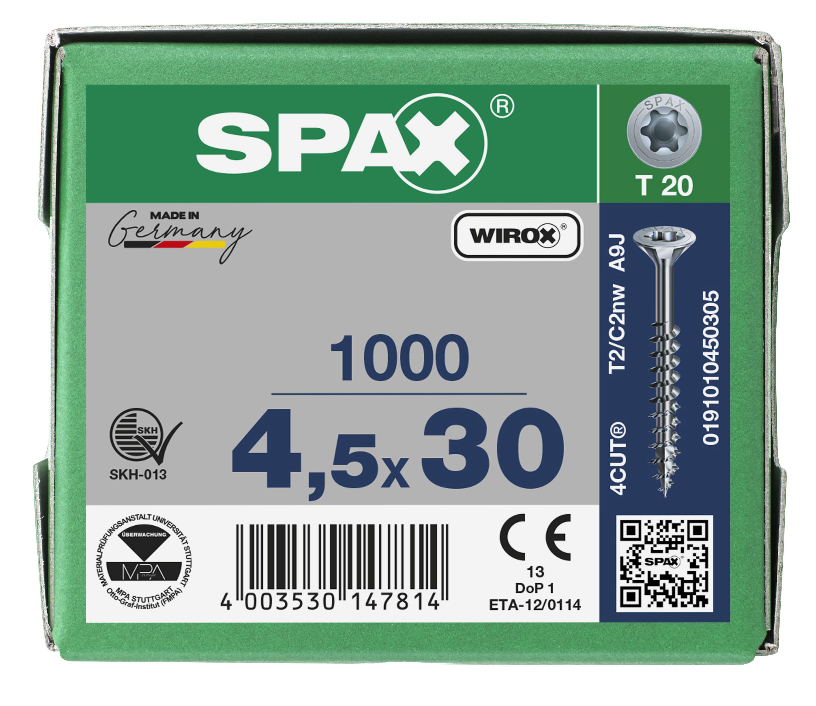 CABEZA MÚLTIPLE PLANA SPAX T-STAR PLUS T20 ROSCA PARCIAL WIROX 1000 UD.
