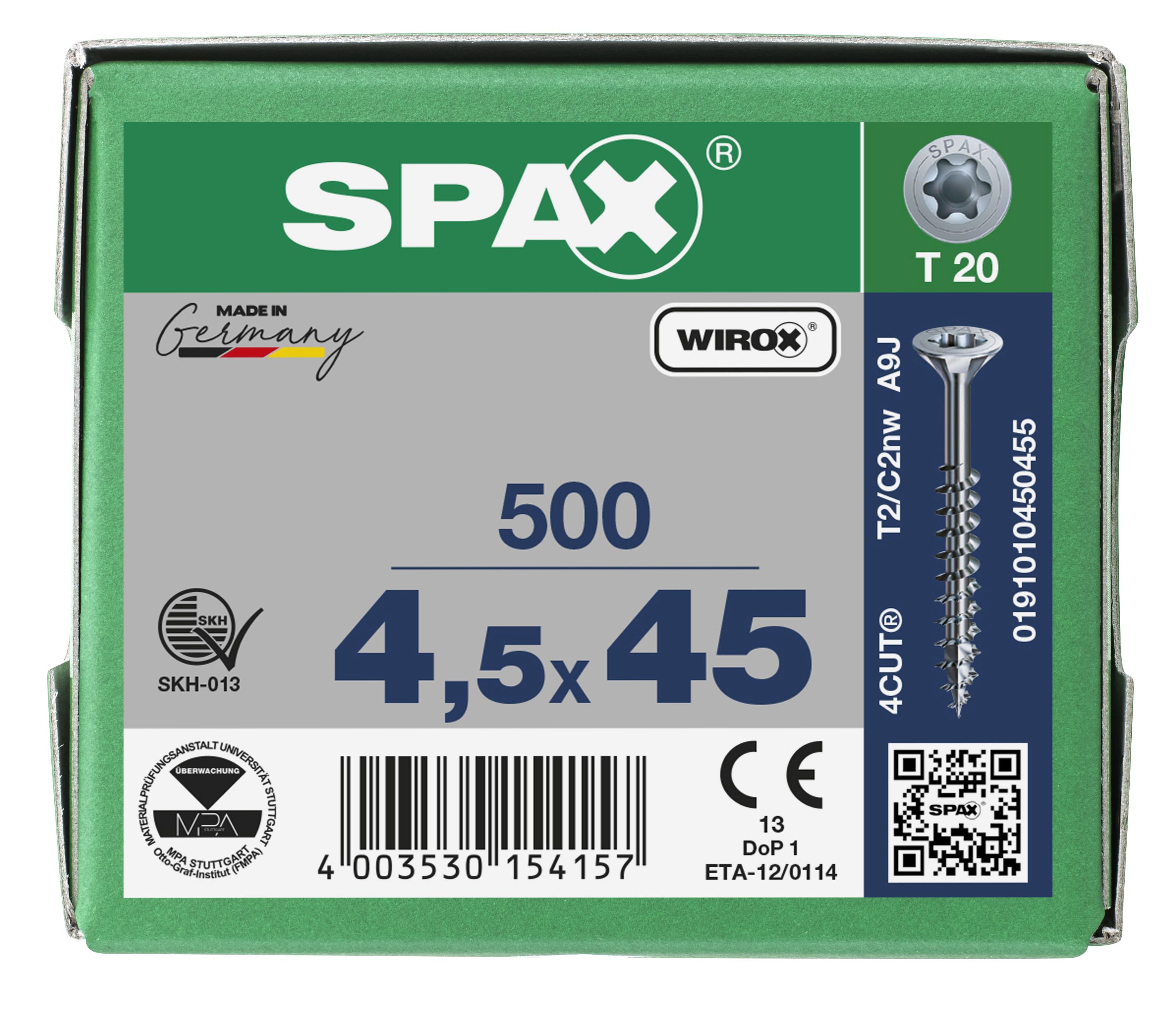 CABEZA MÚLTIPLE PLANA SPAX T-STAR PLUS T20 ROSCA PARCIAL WIROX 500 UD.