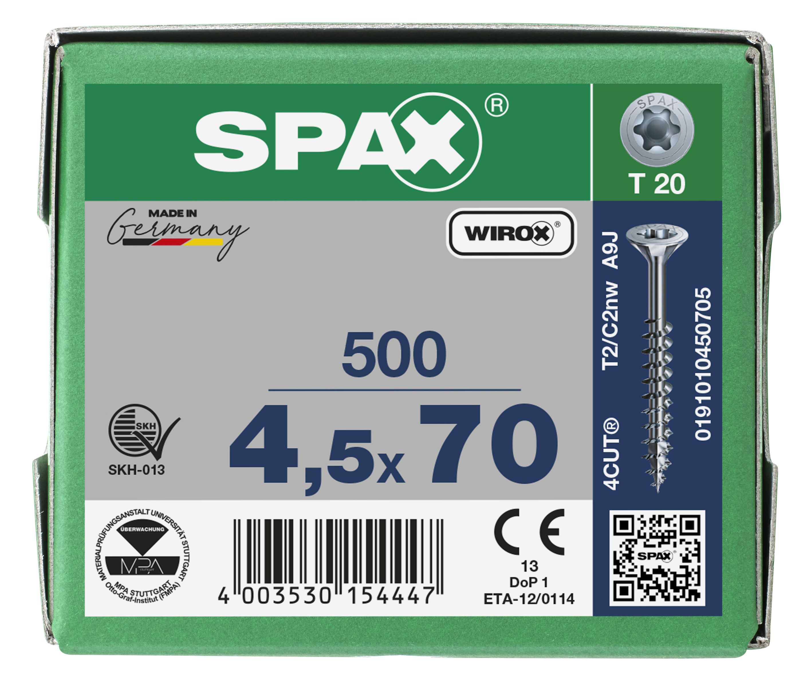 CABEZA MÚLTIPLE PLANA SPAX T-STAR PLUS T20 ROSCA PARCIAL WIROX 500 UD.