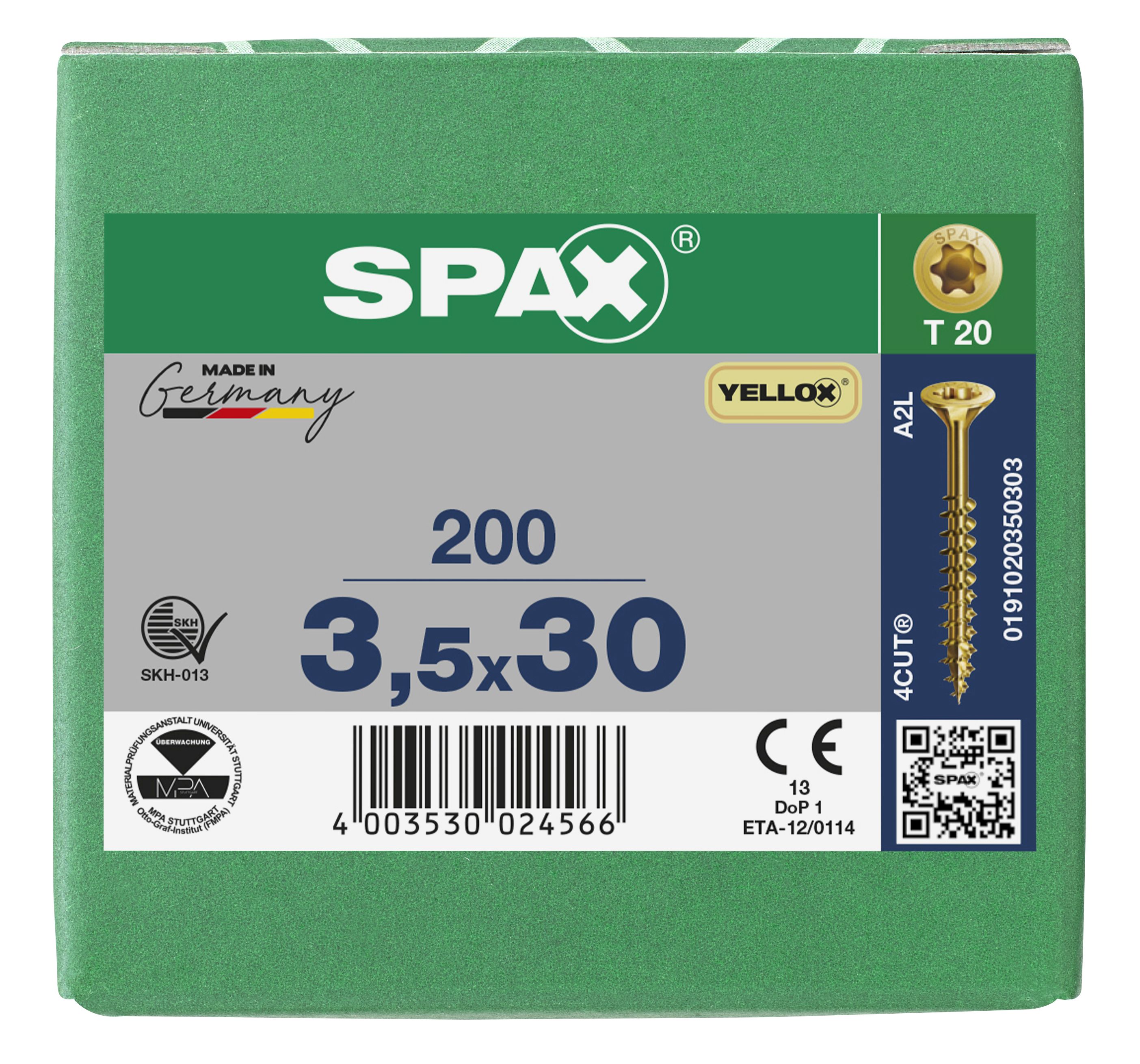 CABEZA MÚLTIPLE PLANA SPAX T-STAR PLUS T20 ROSCA PARCIAL YELLOX 200 UD.
