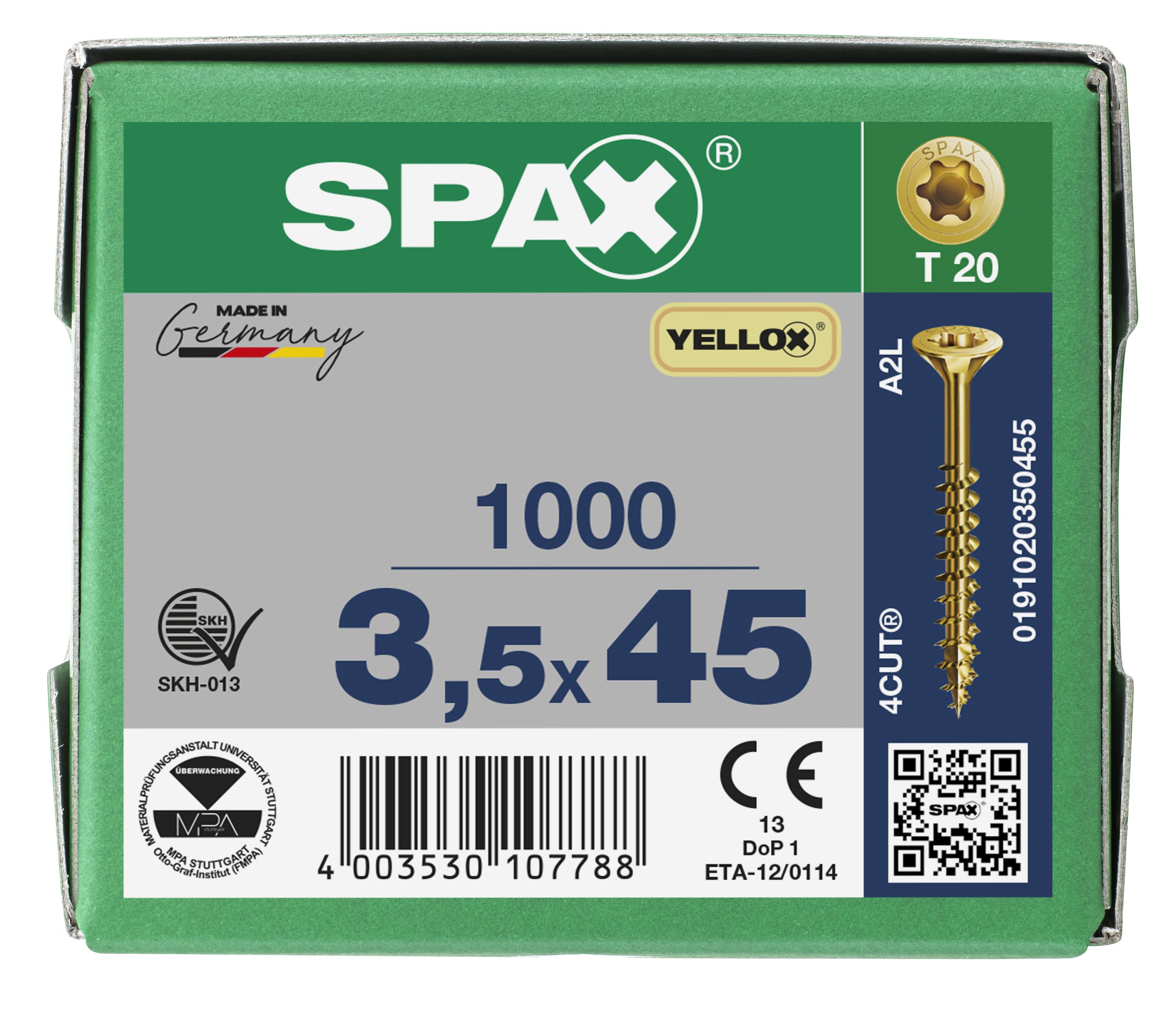 CABEZA MÚLTIPLE PLANA SPAX T-STAR PLUS T20 ROSCA PARCIAL YELLOX 1000 UD.