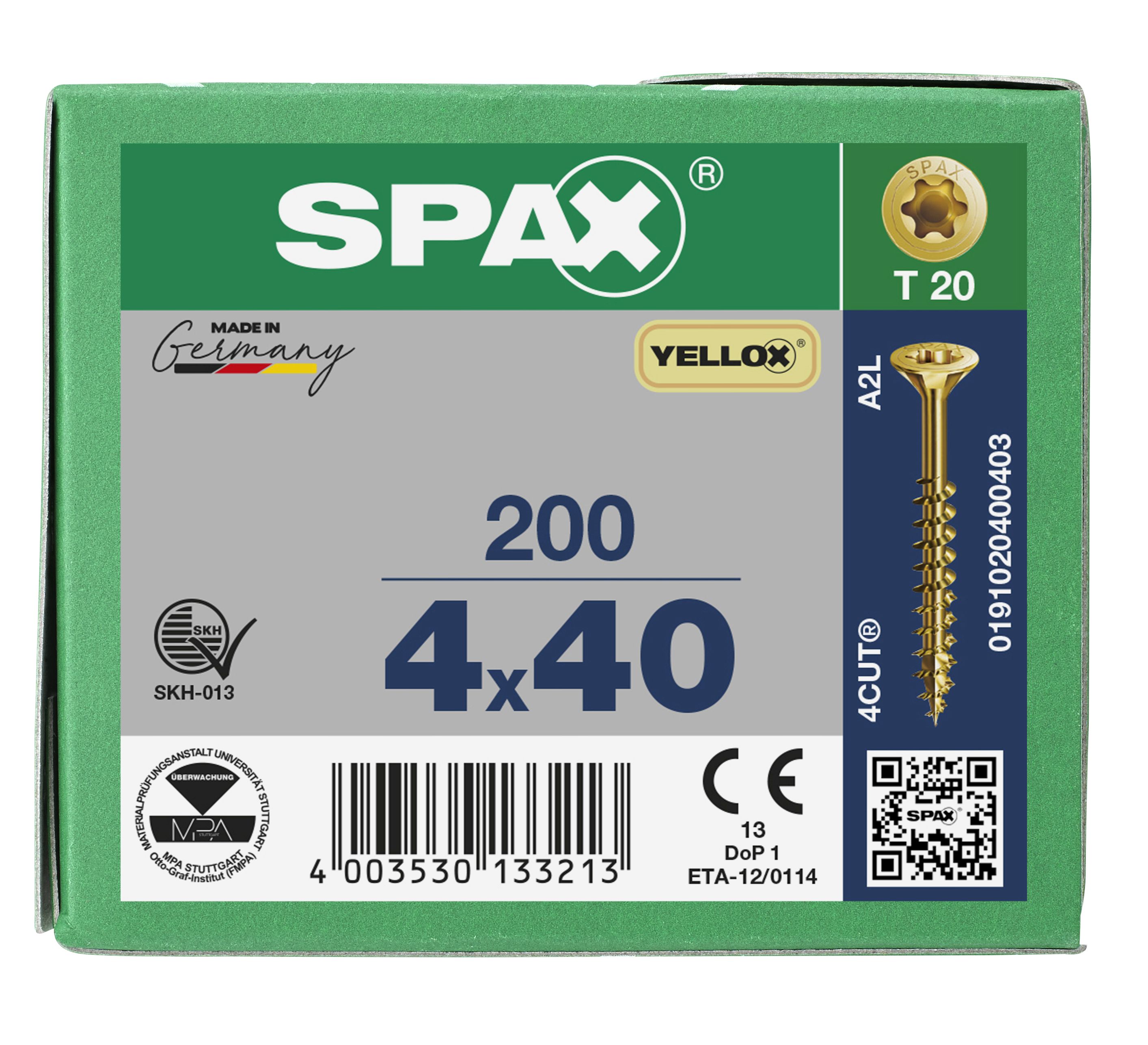 CABEZA MÚLTIPLE PLANA SPAX T-STAR PLUS T20 ROSCA PARCIAL YELLOX 200 UD.