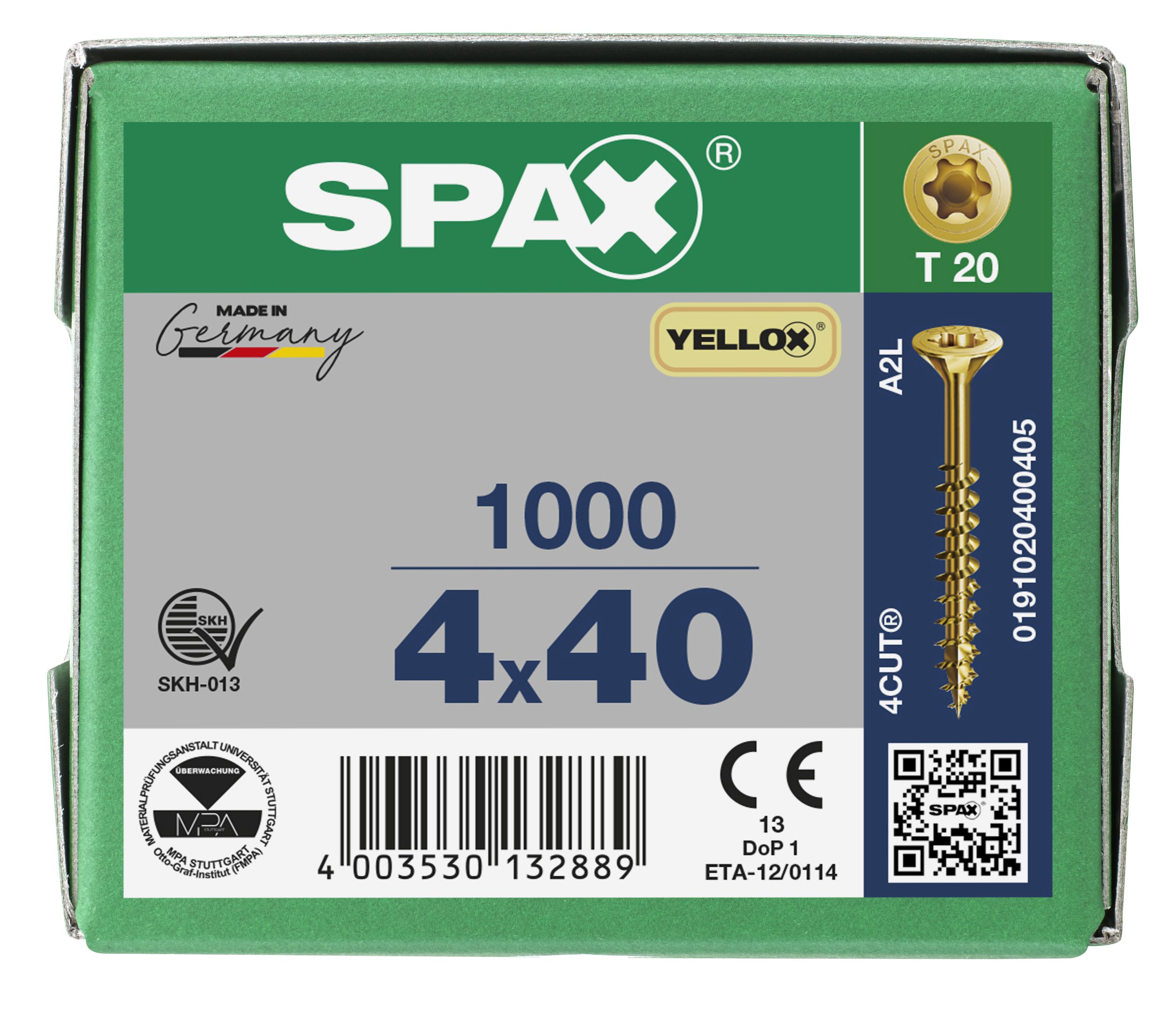 CABEZA MÚLTIPLE PLANA SPAX T-STAR PLUS T20 ROSCA PARCIAL YELLOX 1000 UD.