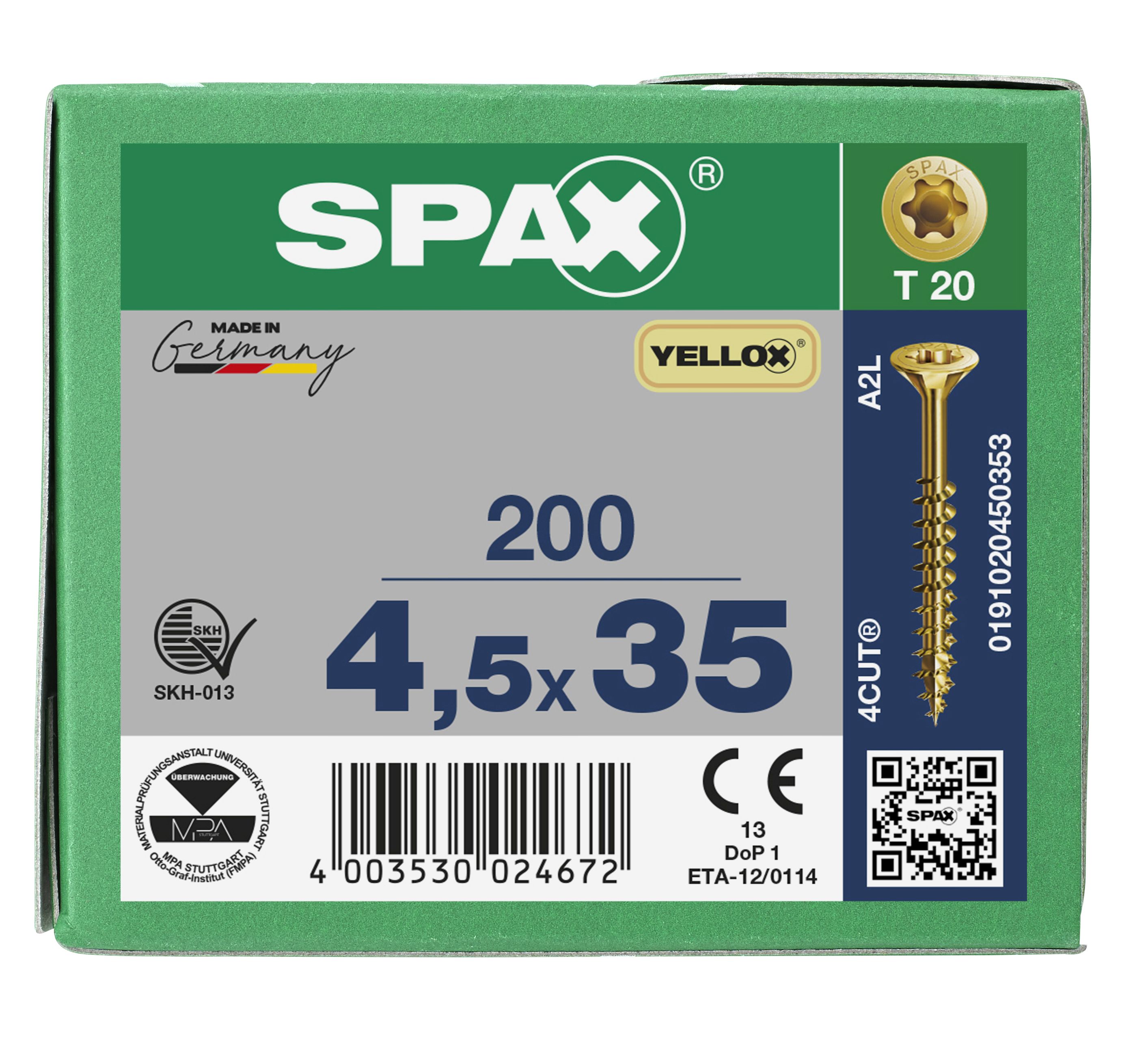 CABEZA MÚLTIPLE PLANA SPAX T-STAR PLUS T20 ROSCA PARCIAL YELLOX 200 UD.