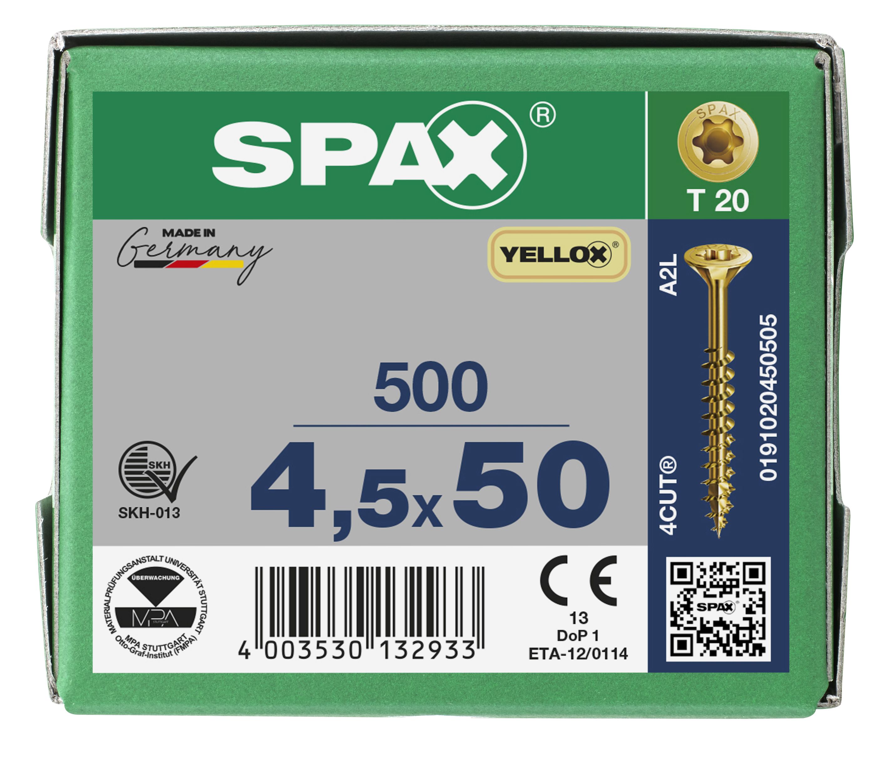 CABEZA MÚLTIPLE PLANA SPAX T-STAR PLUS T20 ROSCA PARCIAL YELLOX 500 UD.