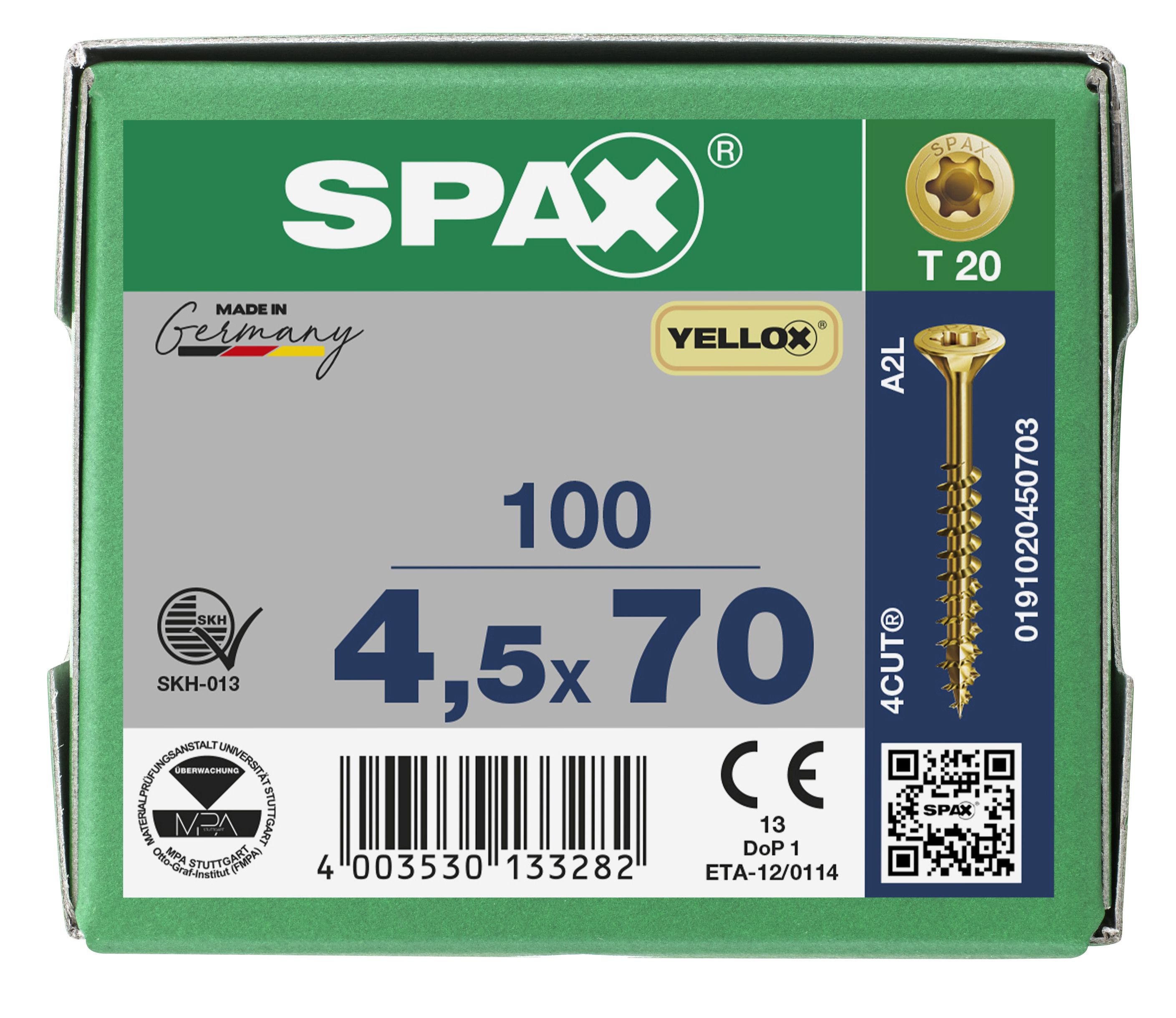 CABEZA MÚLTIPLE PLANA SPAX T-STAR PLUS T20 ROSCA PARCIAL YELLOX 100 UD.