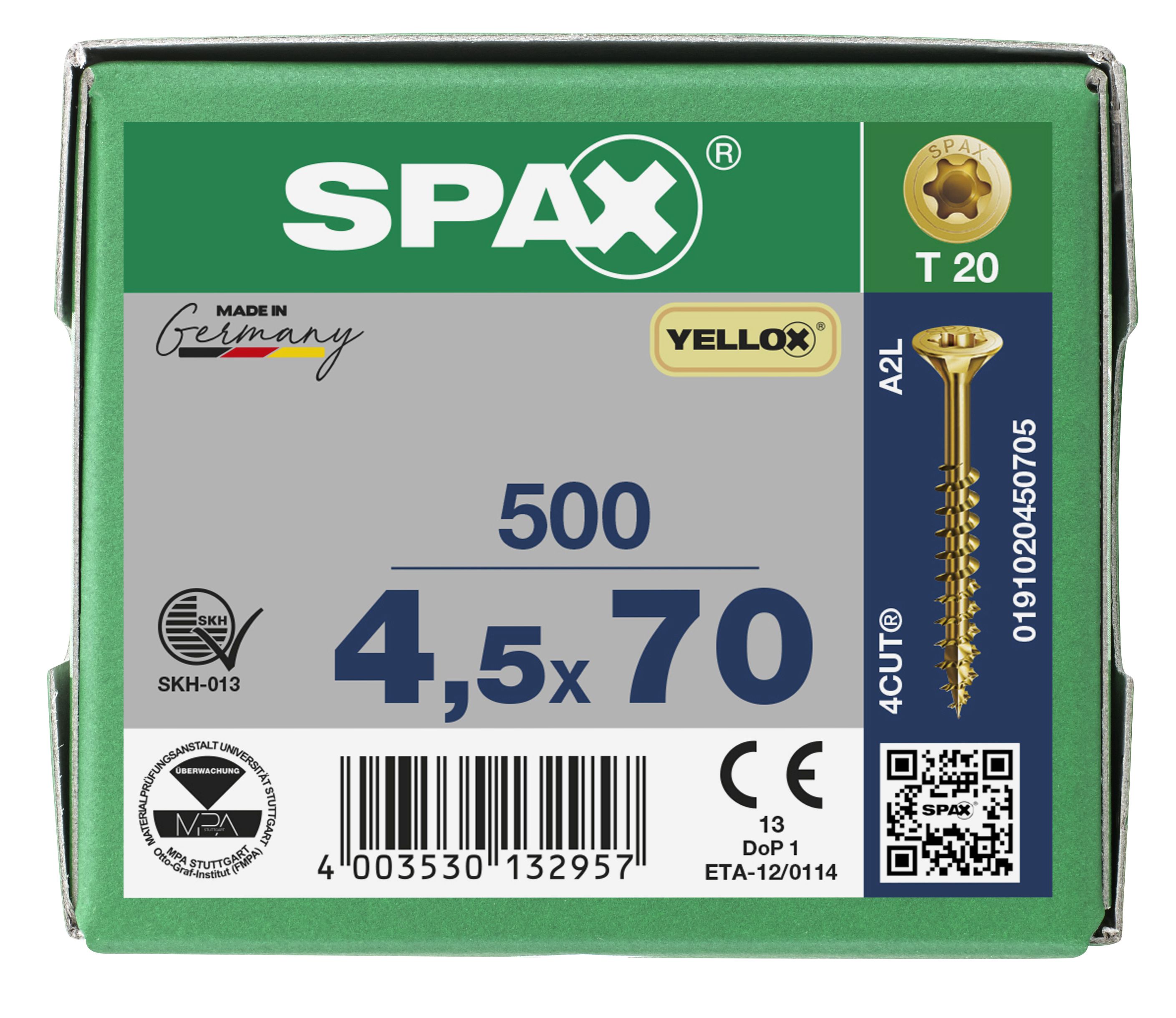 CABEZA MÚLTIPLE PLANA SPAX T-STAR PLUS T20 ROSCA PARCIAL YELLOX 500 UD.