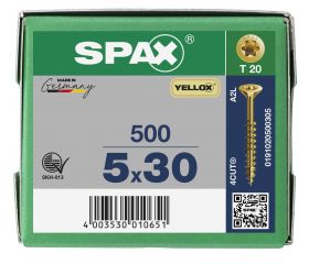 CABEZA MÚLTIPLE PLANA SPAX T-STAR PLUS T20 ROSCA PARCIAL YELLOX 500 UD.