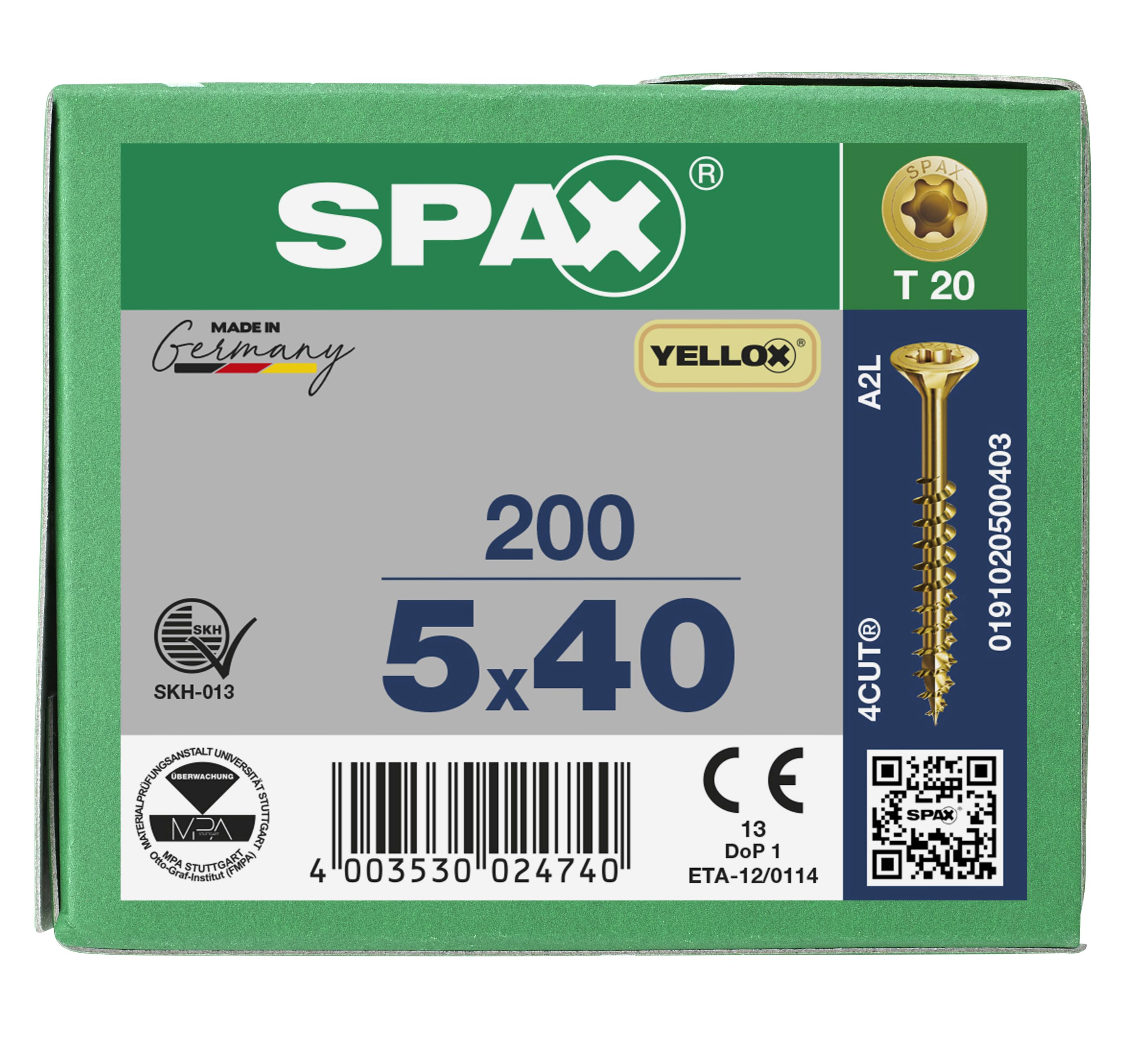 CABEZA MÚLTIPLE PLANA SPAX T-STAR PLUS T20 ROSCA PARCIAL YELLOX 200 UD.