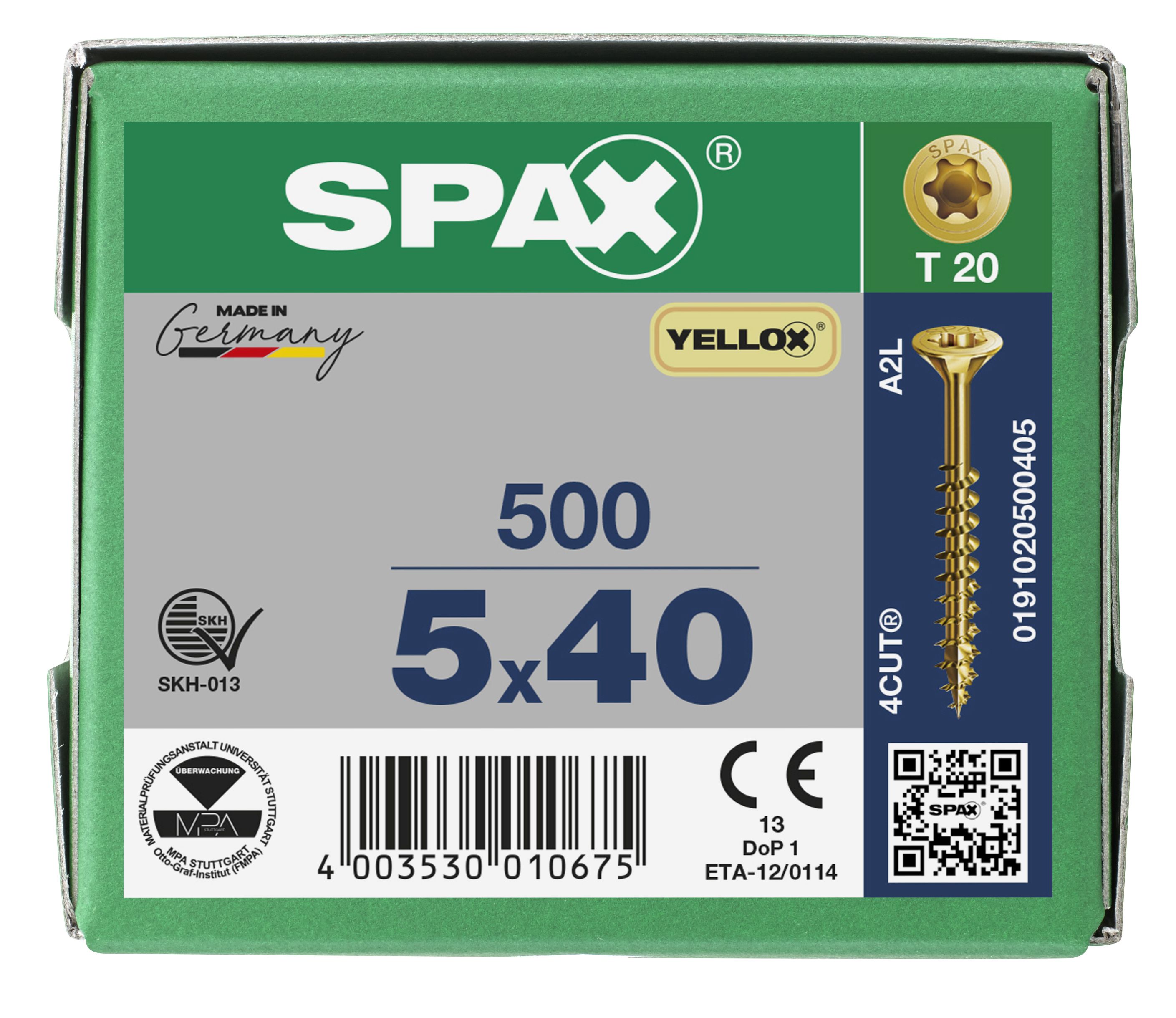 CABEZA MÚLTIPLE PLANA SPAX T-STAR PLUS T20 ROSCA PARCIAL YELLOX 500 UD.