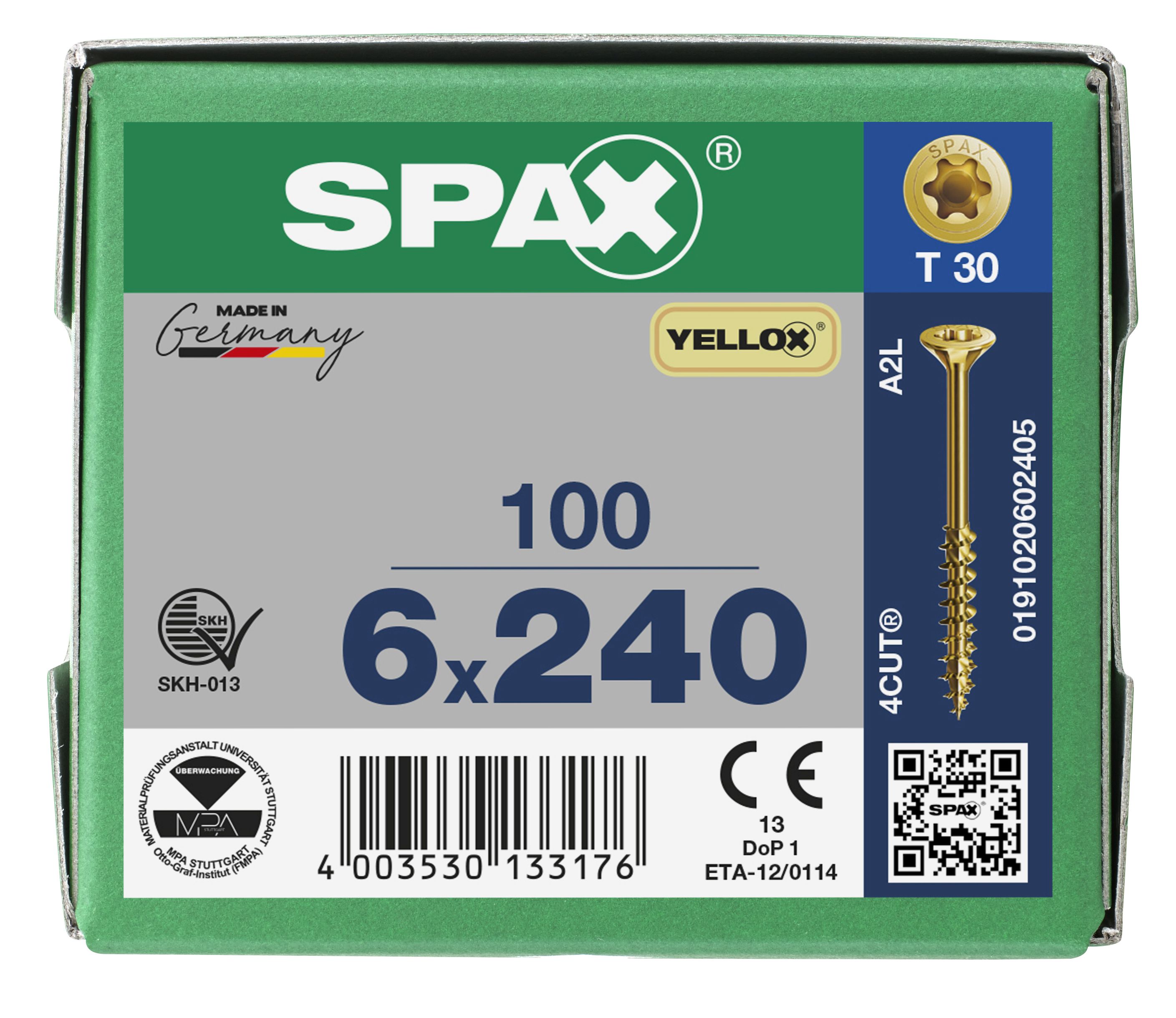 CABEZA MÚLTIPLE PLANA SPAX T-STAR PLUS T30 ROSCA PARCIAL 4CUT YELLOX 100 UD.