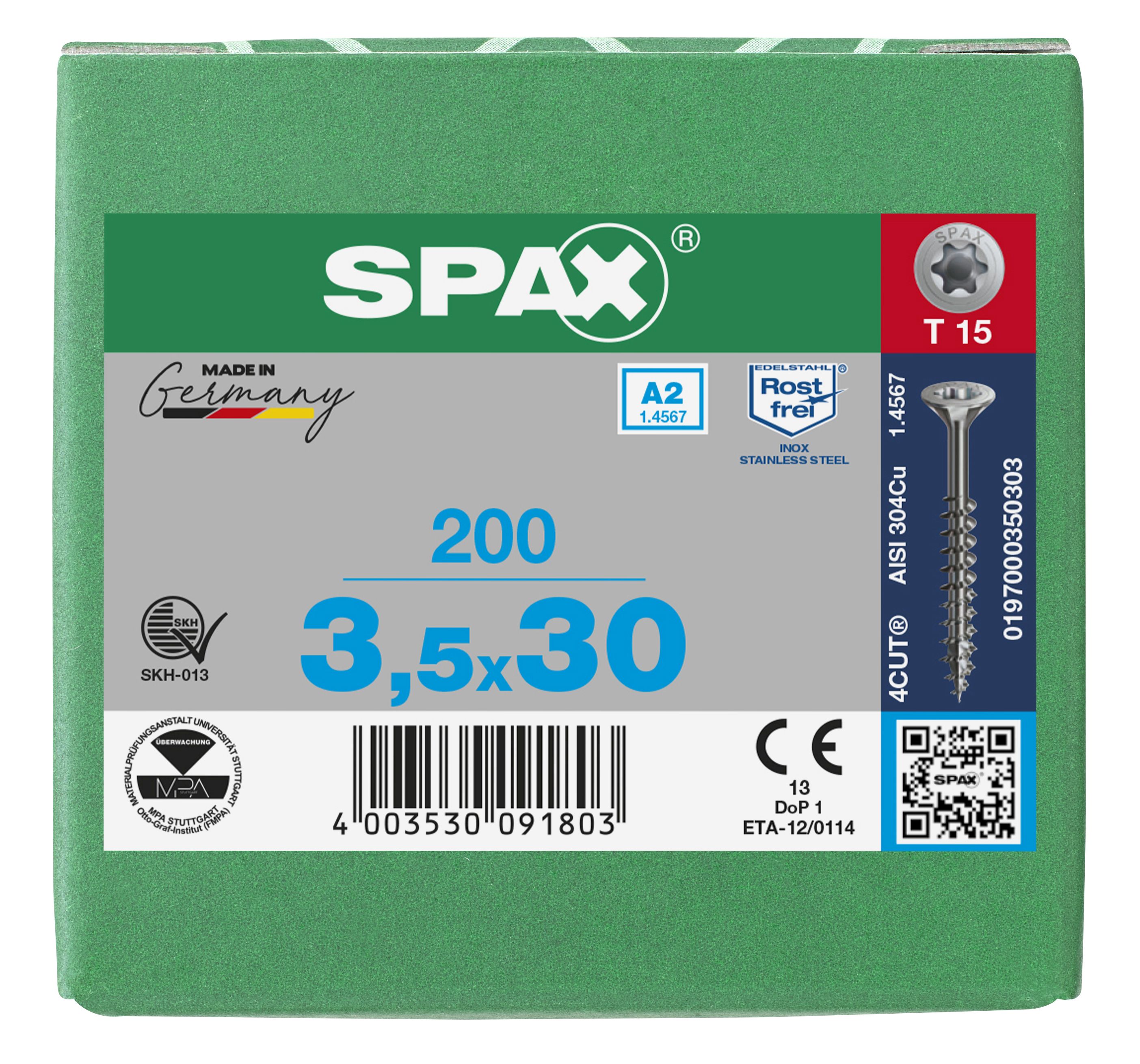 CABEZA MÚLTIPLE PLANA SPAX A2 T-STAR PLUS T15 ROSCA PARCIAL 200 UD.