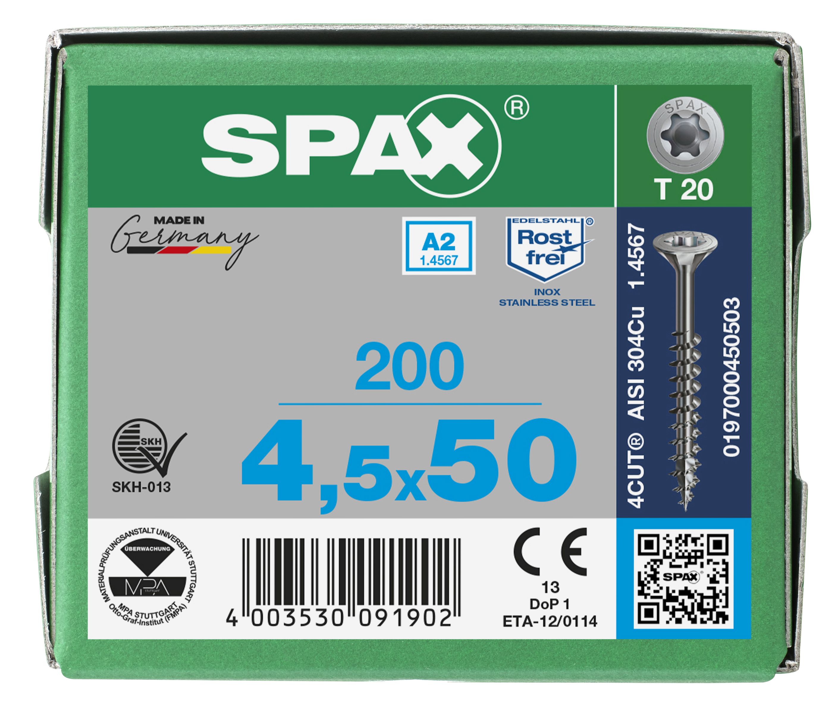 CABEZA MÚLTIPLE PLANA SPAX A2 T-STAR PLUS T20 ROSCA PARCIAL 200 UD.