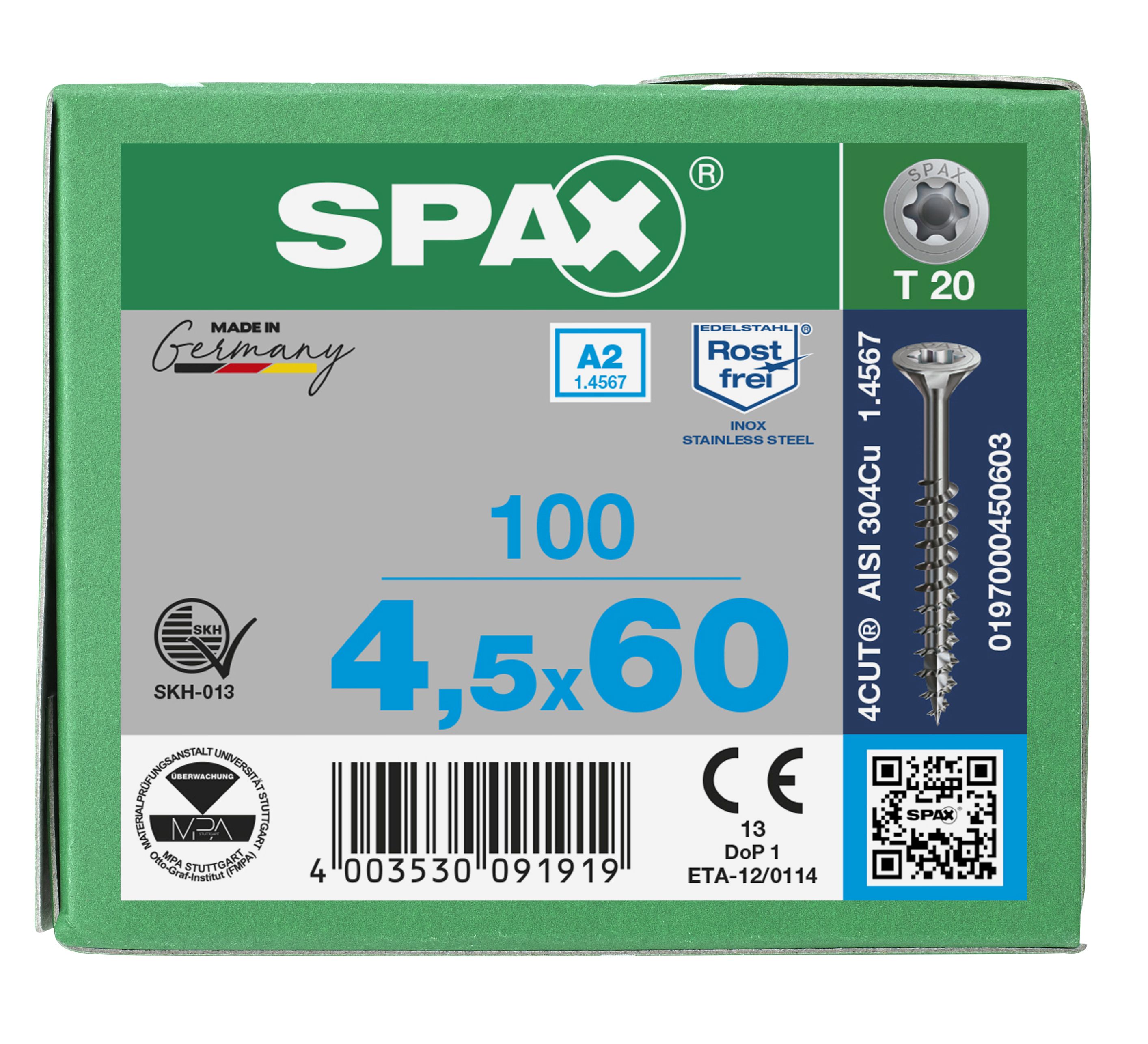 CABEZA MÚLTIPLE PLANA SPAX A2 T-STAR PLUS T20 ROSCA PARCIAL 100 UD.