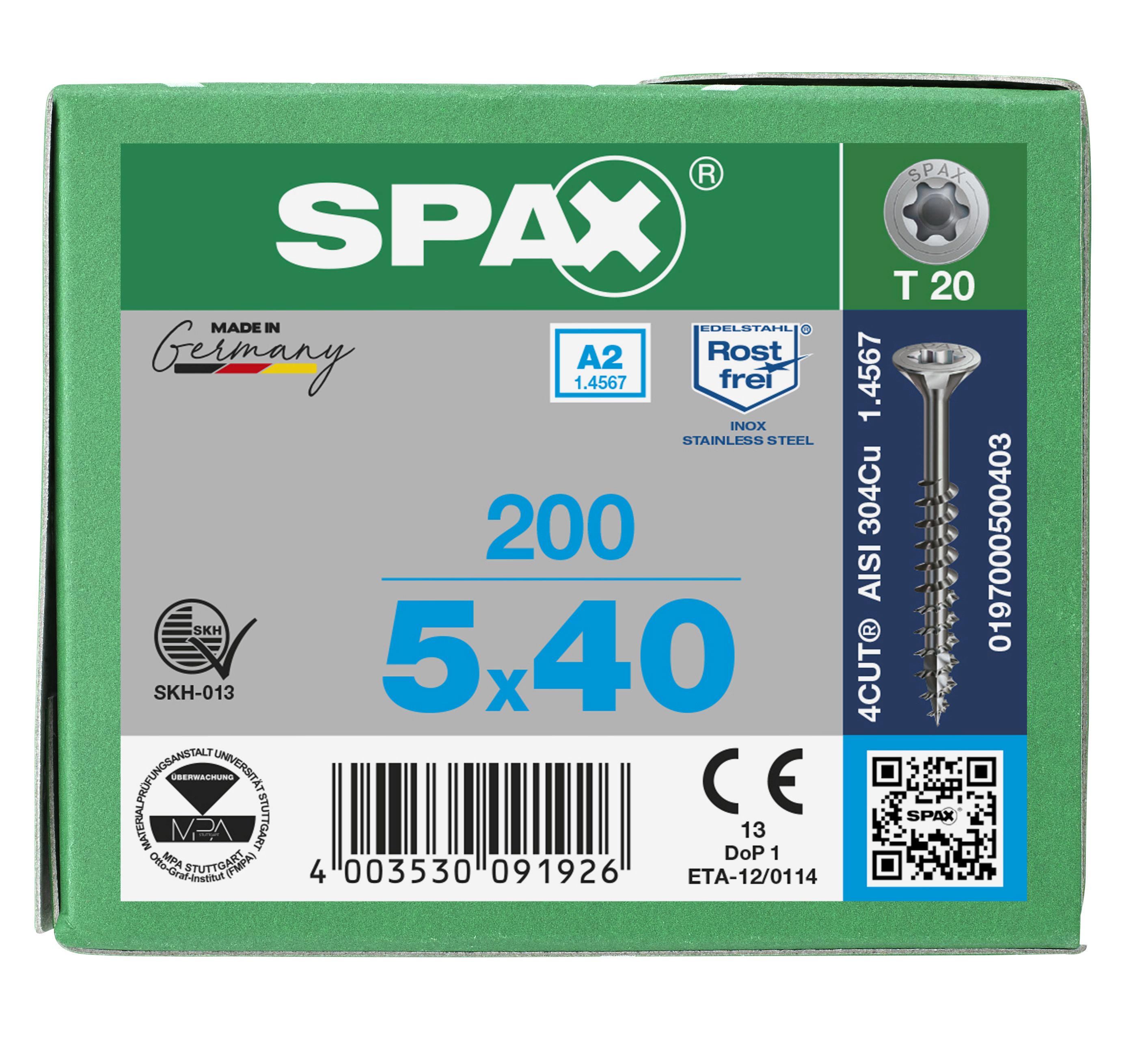 CABEZA MÚLTIPLE PLANA SPAX A2 T-STAR PLUS T20 ROSCA PARCIAL 200 UD.